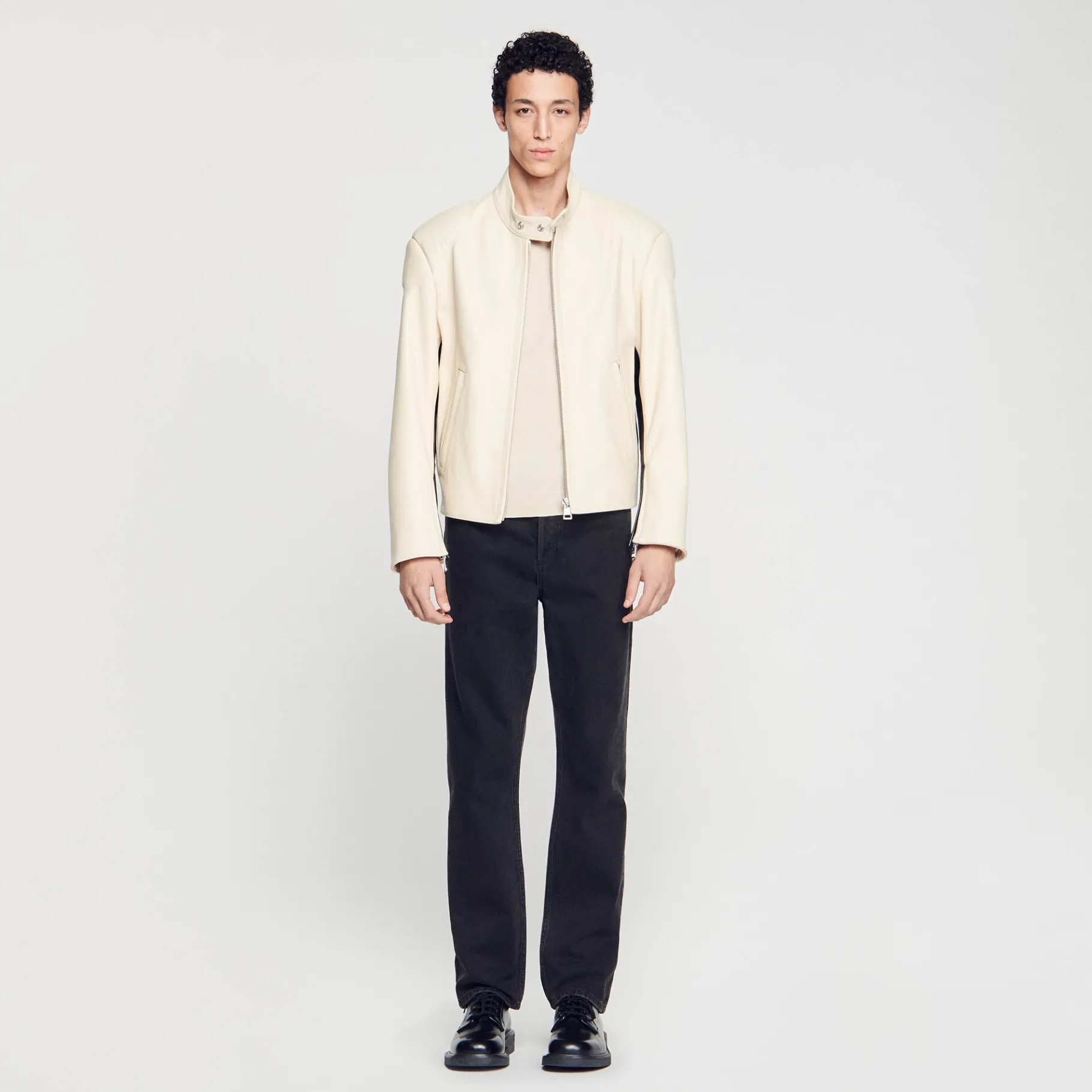 Shop SANDRO Blouson Biker En Cuir Ecru