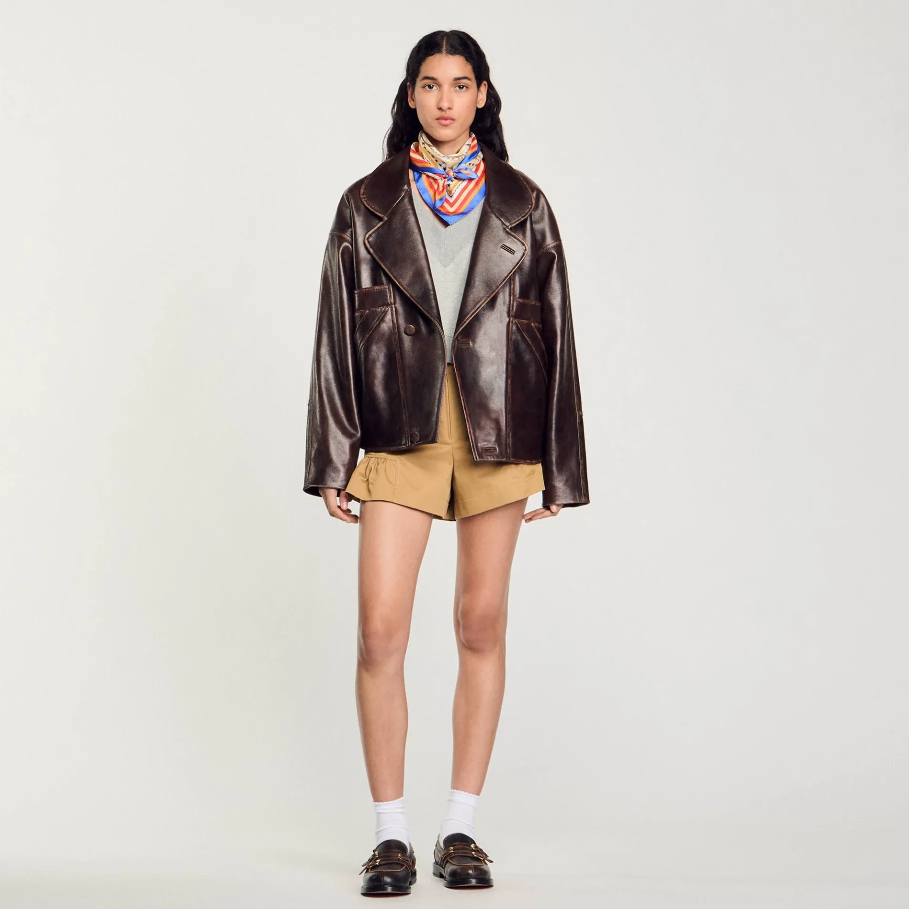 Sale SANDRO Blouson En Cuir Oversize Marron