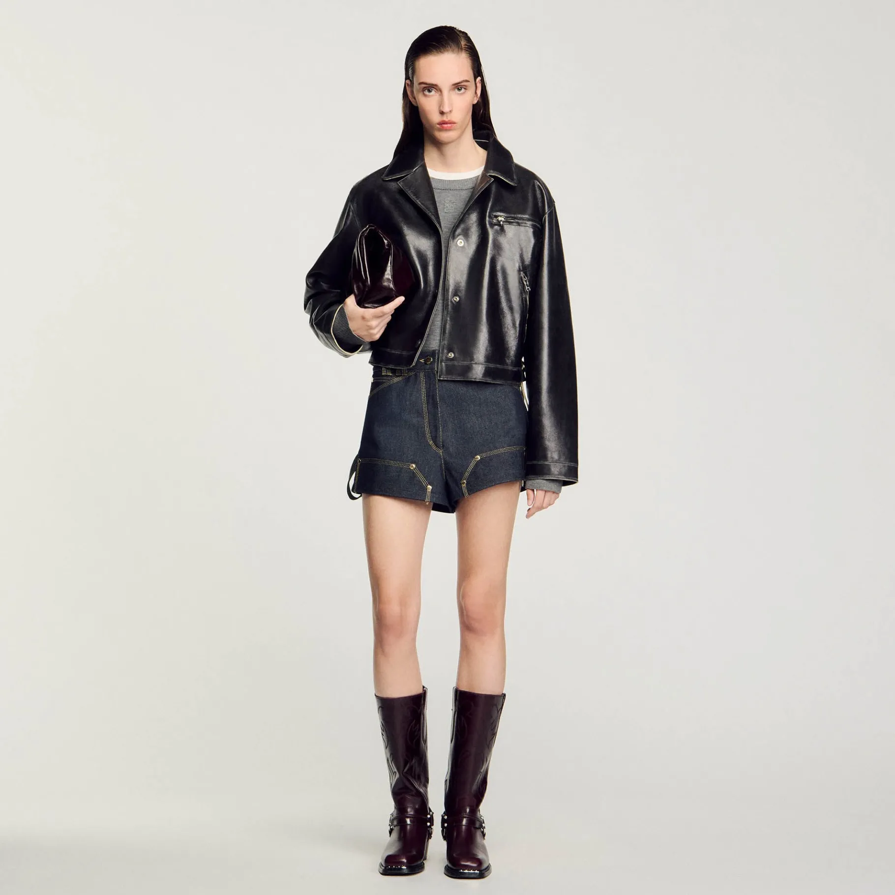 Cheap SANDRO Blouson En Cuir Vieilli Noir