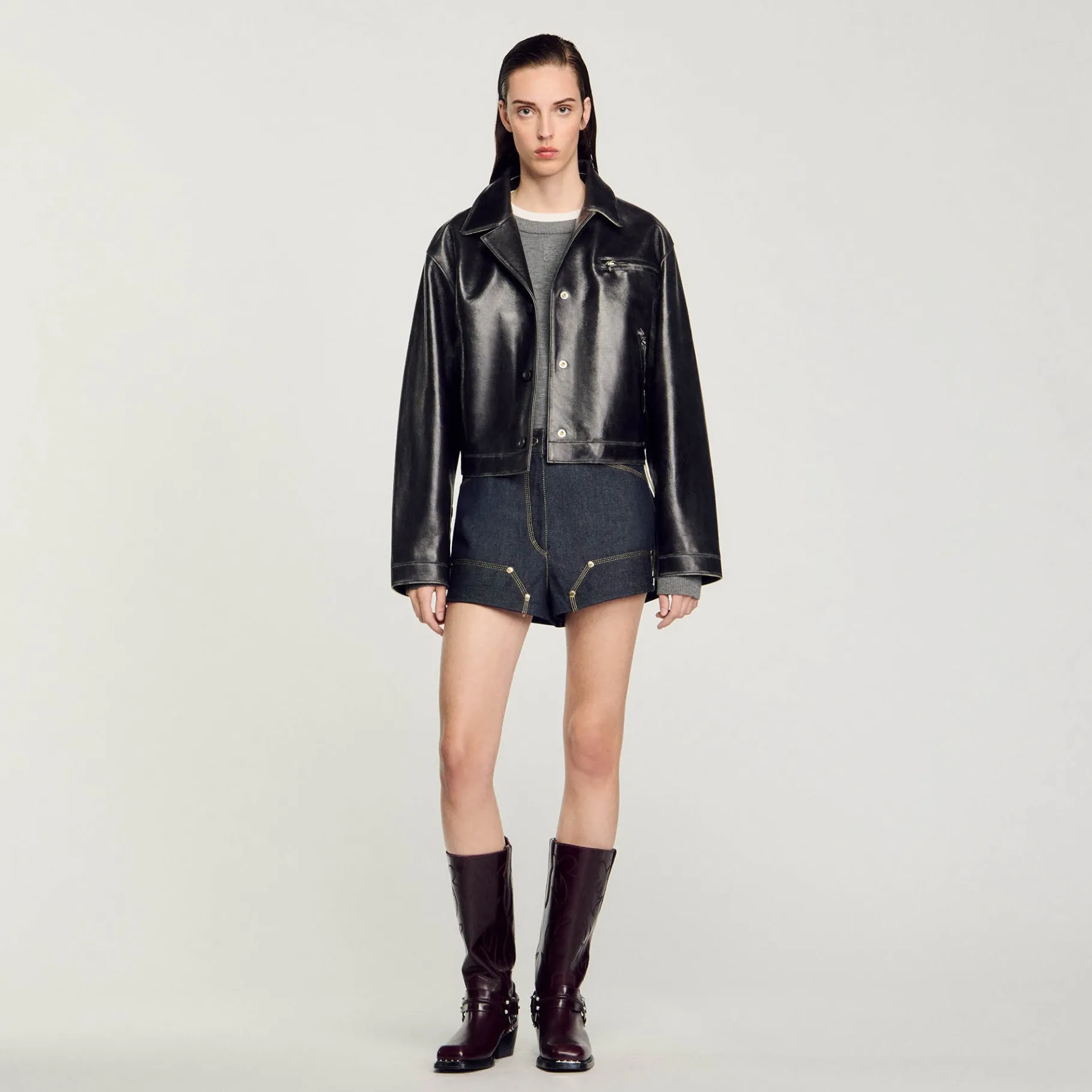 Cheap SANDRO Blouson En Cuir Vieilli Noir
