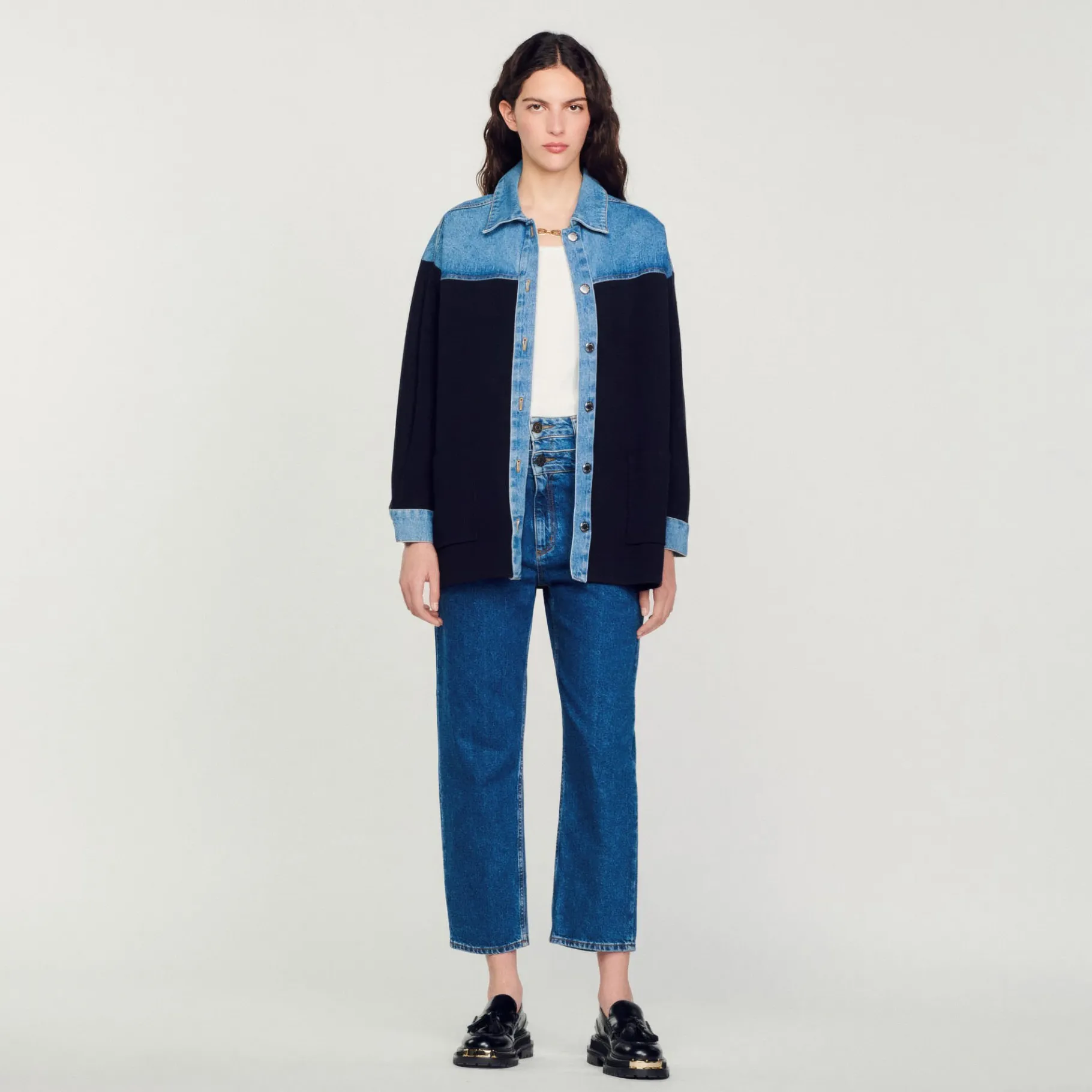 Shop SANDRO Cardicoat Bi-matière Esprit Veste Deep Navy