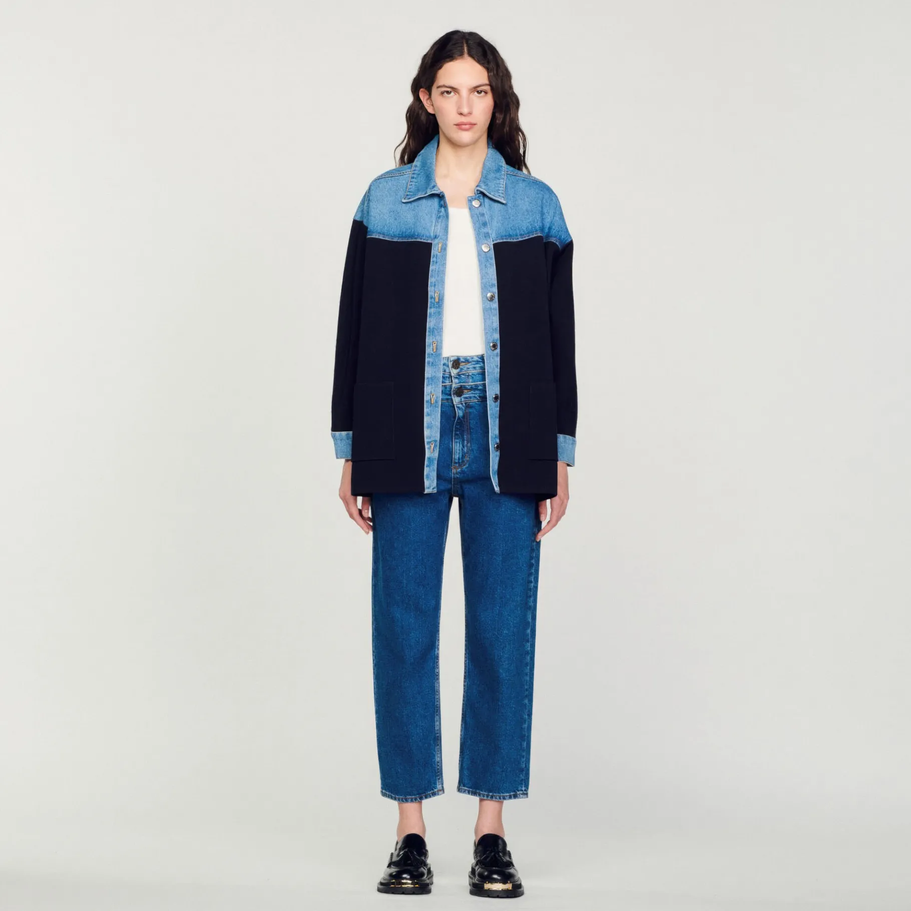 Shop SANDRO Cardicoat Bi-matière Esprit Veste Deep Navy