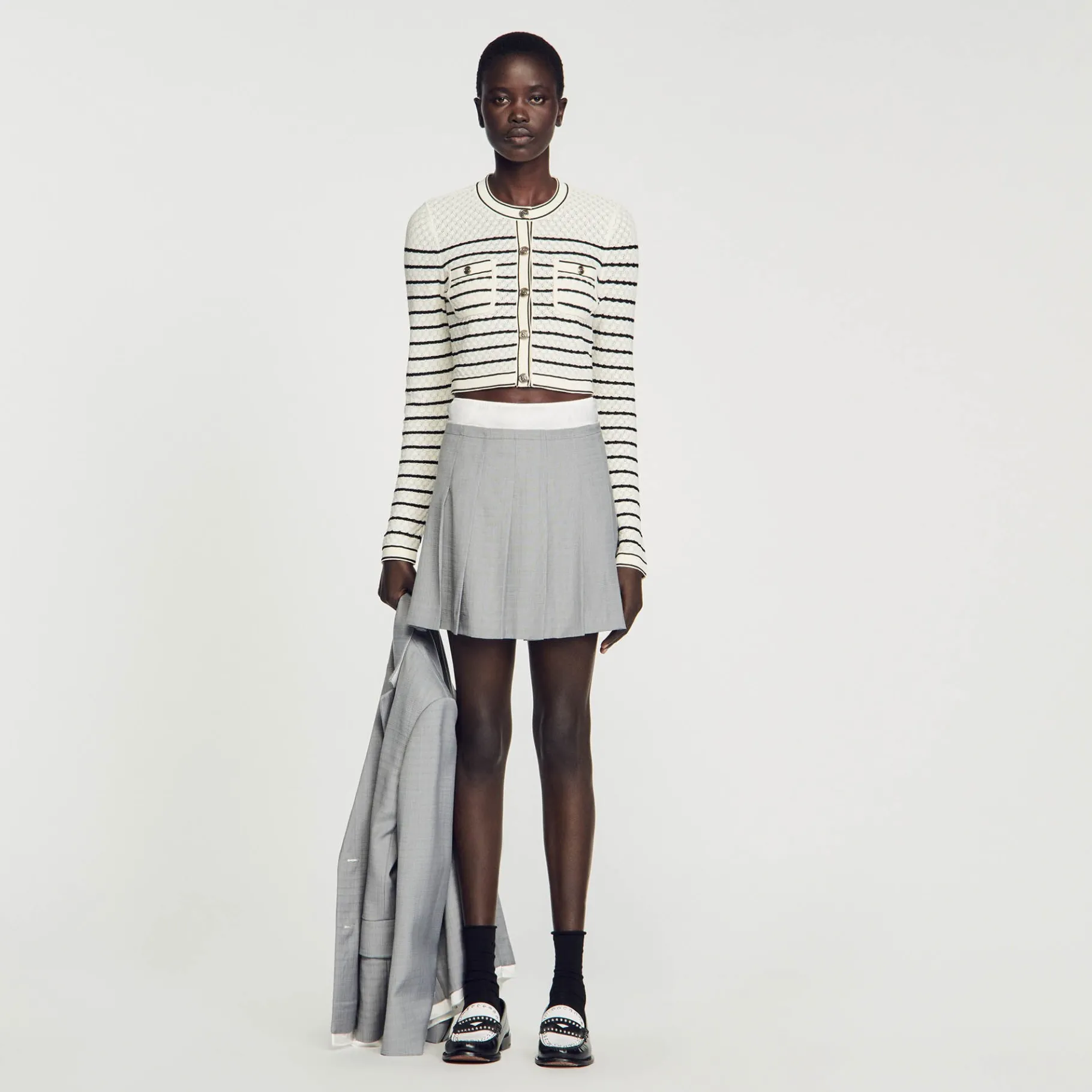 Fashion SANDRO Cardicoat Court à Rayures Blanc / Noir
