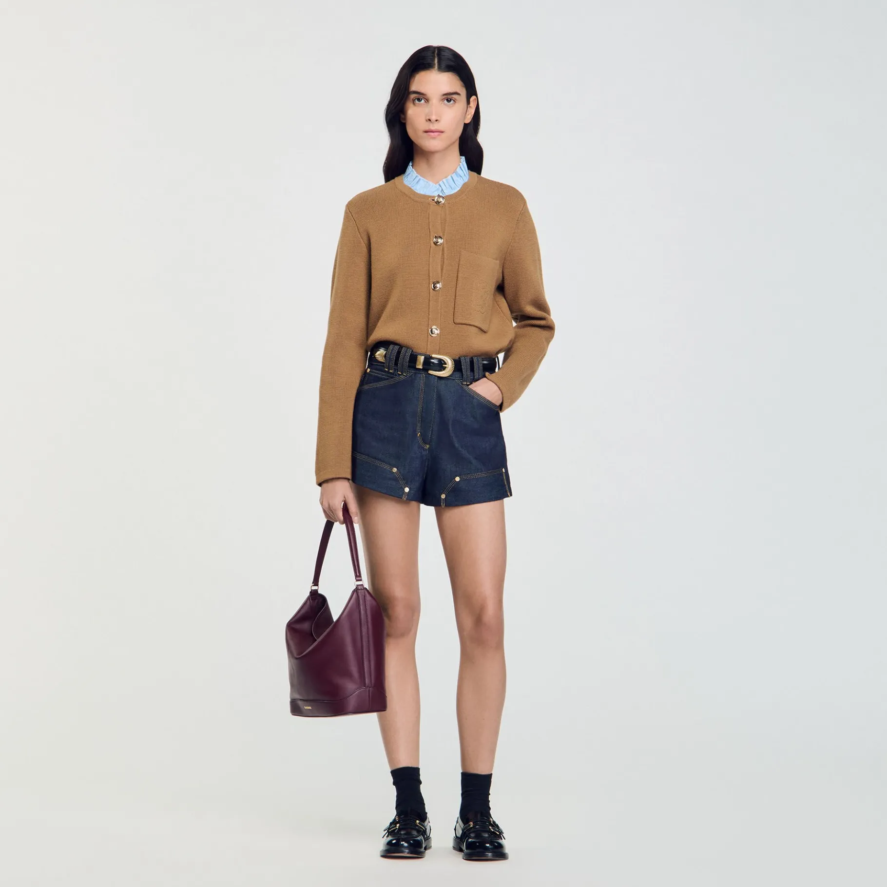 Best SANDRO Cardigan à Col Volanté Amovible Camel