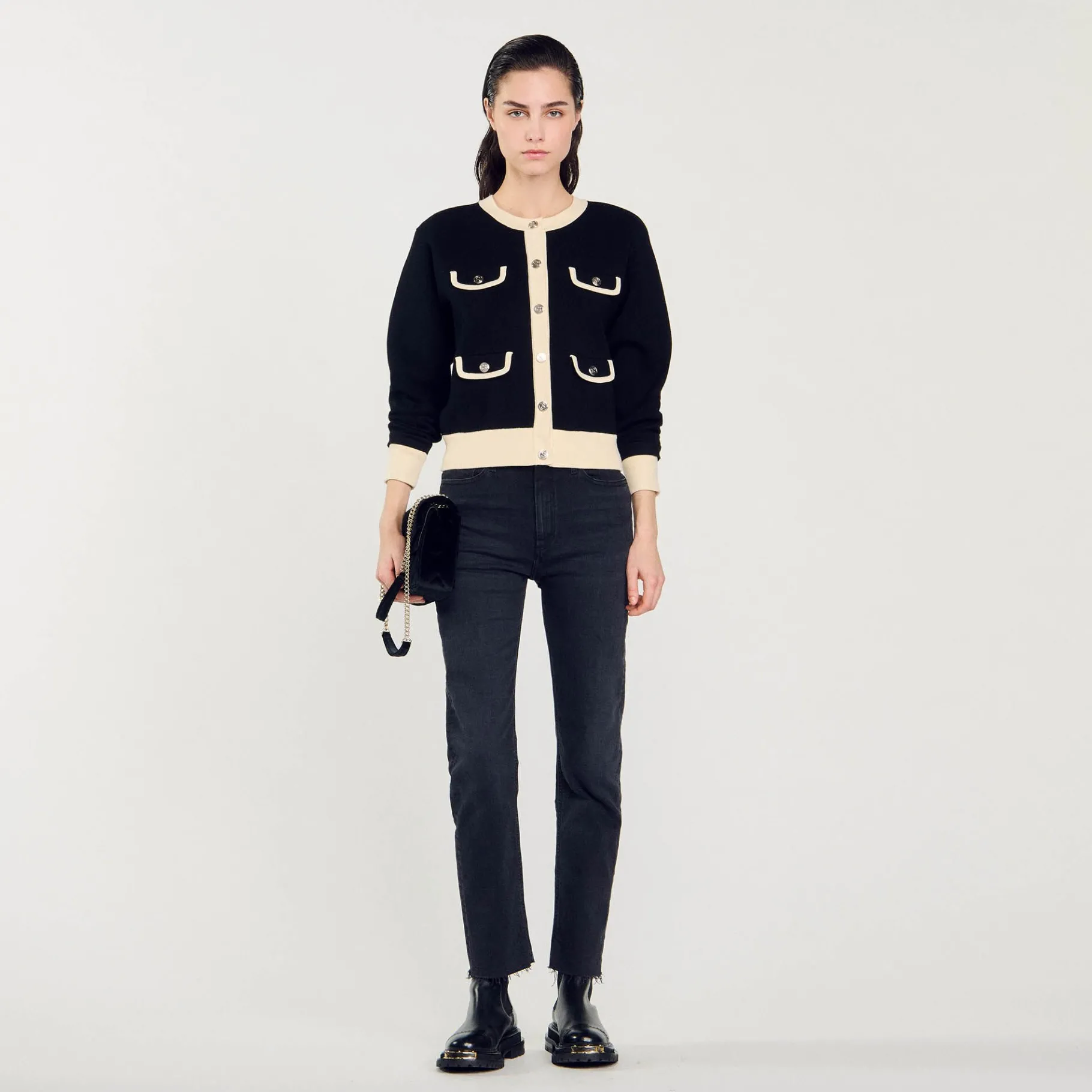 Cheap SANDRO Cardigan Bicolore à Boutons Noir