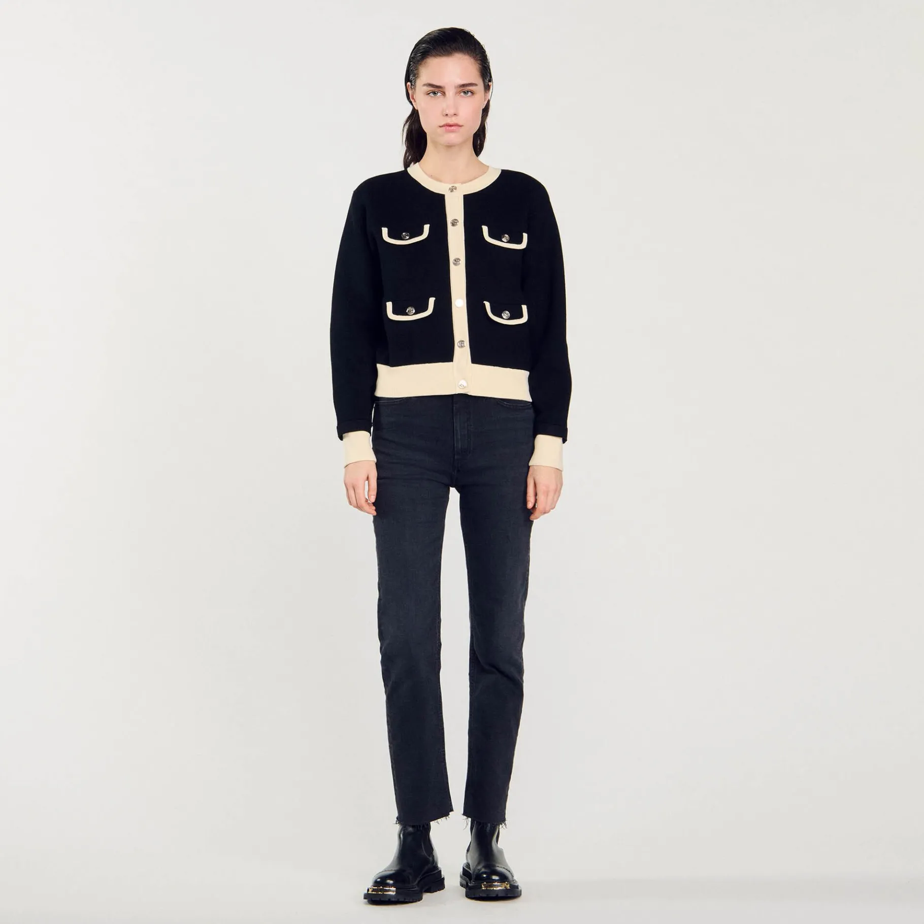 Cheap SANDRO Cardigan Bicolore à Boutons Noir