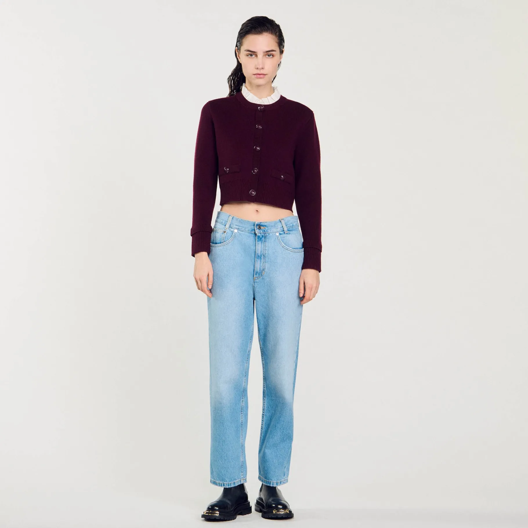 Flash Sale SANDRO Cardigan En Maille à Col Amovible Bordeaux