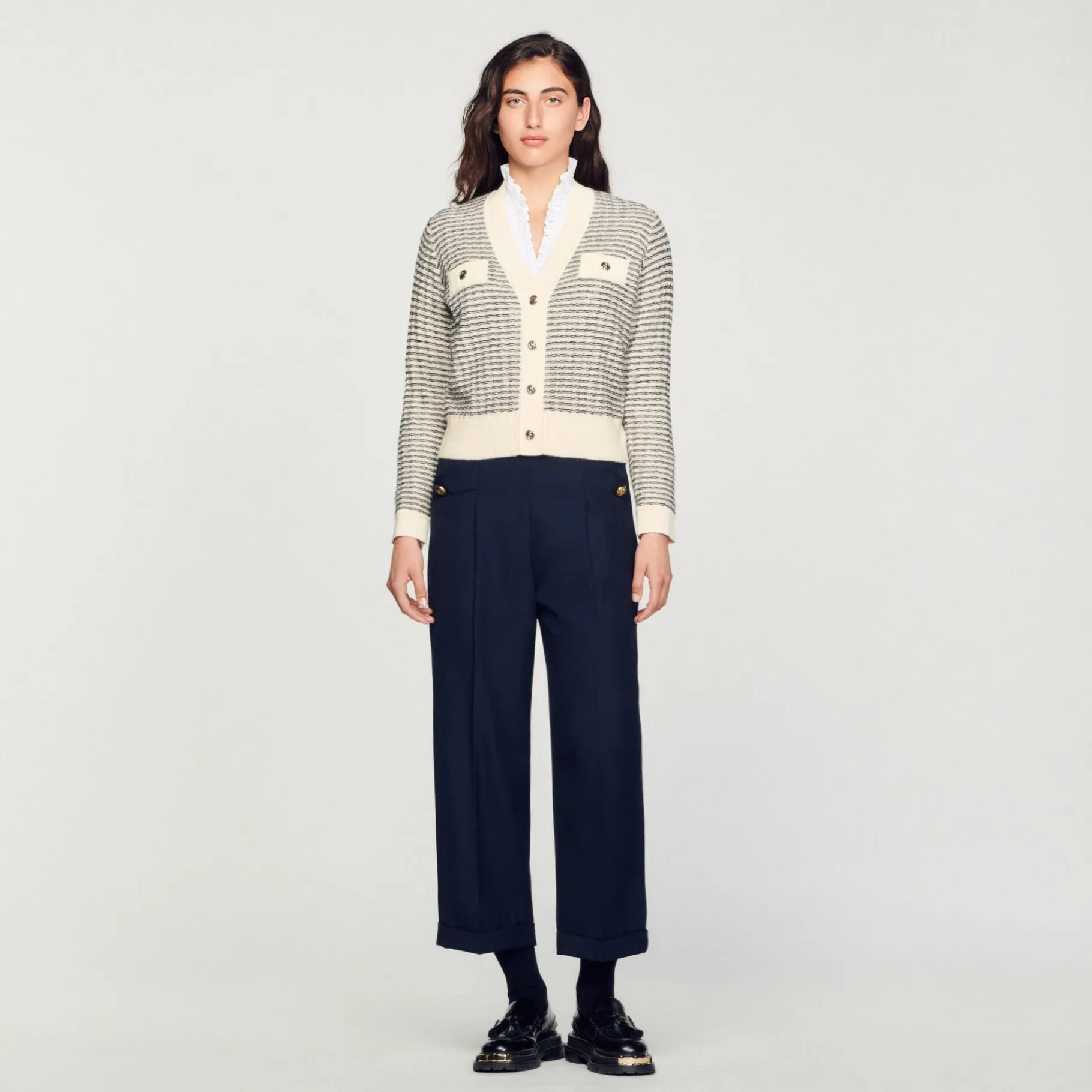 Fashion SANDRO Cardigan En Maille à Rayures Ecru
