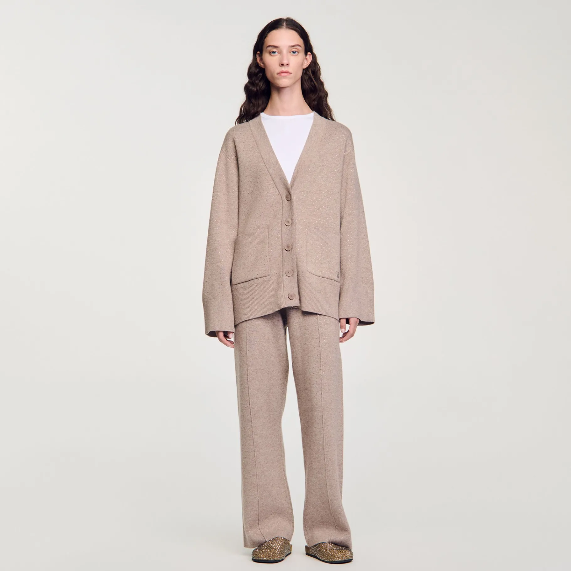 Clearance SANDRO Cardigan Long Strassé Beige