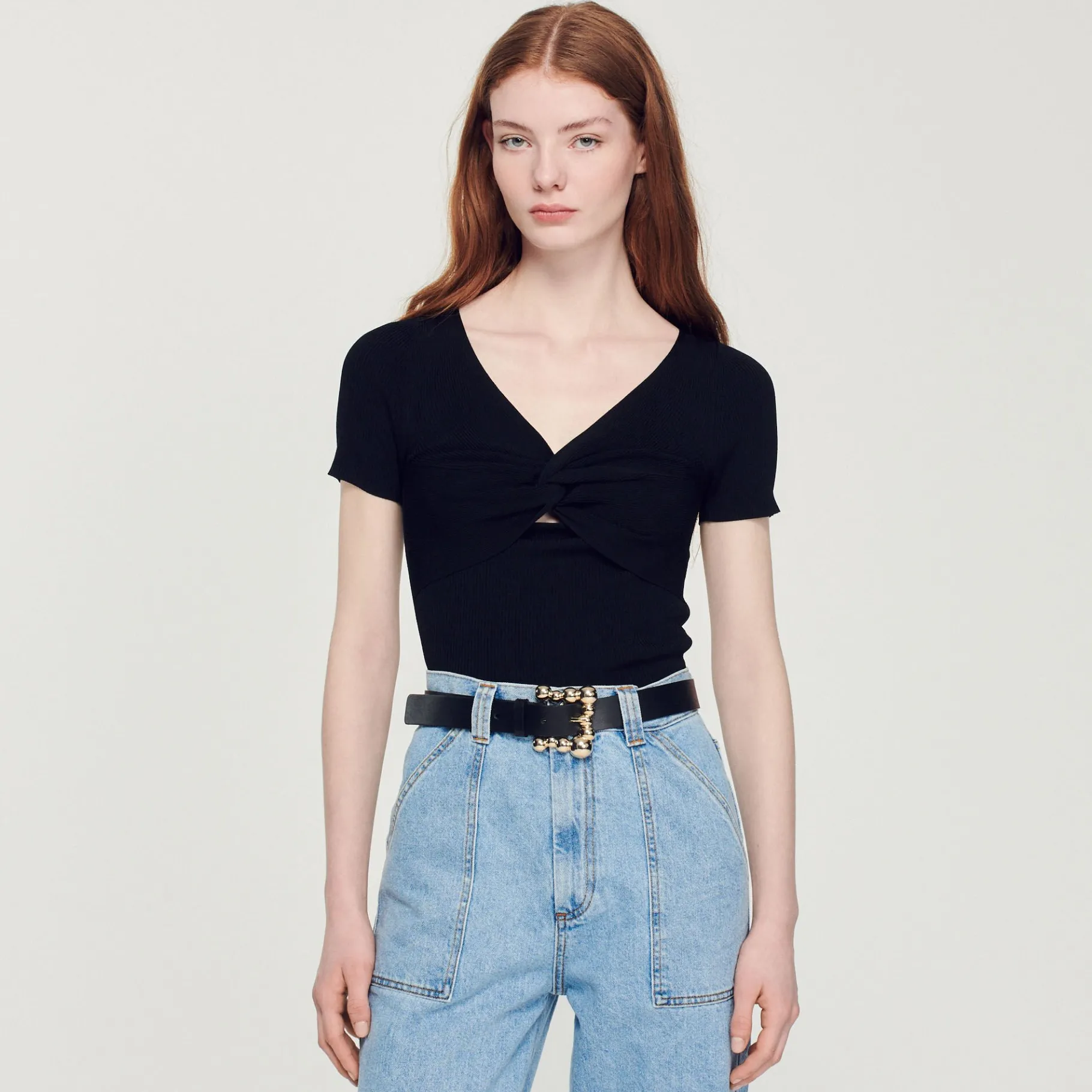 Fashion SANDRO Ceinture Large En Cuir Et Boucle Carrée Noir