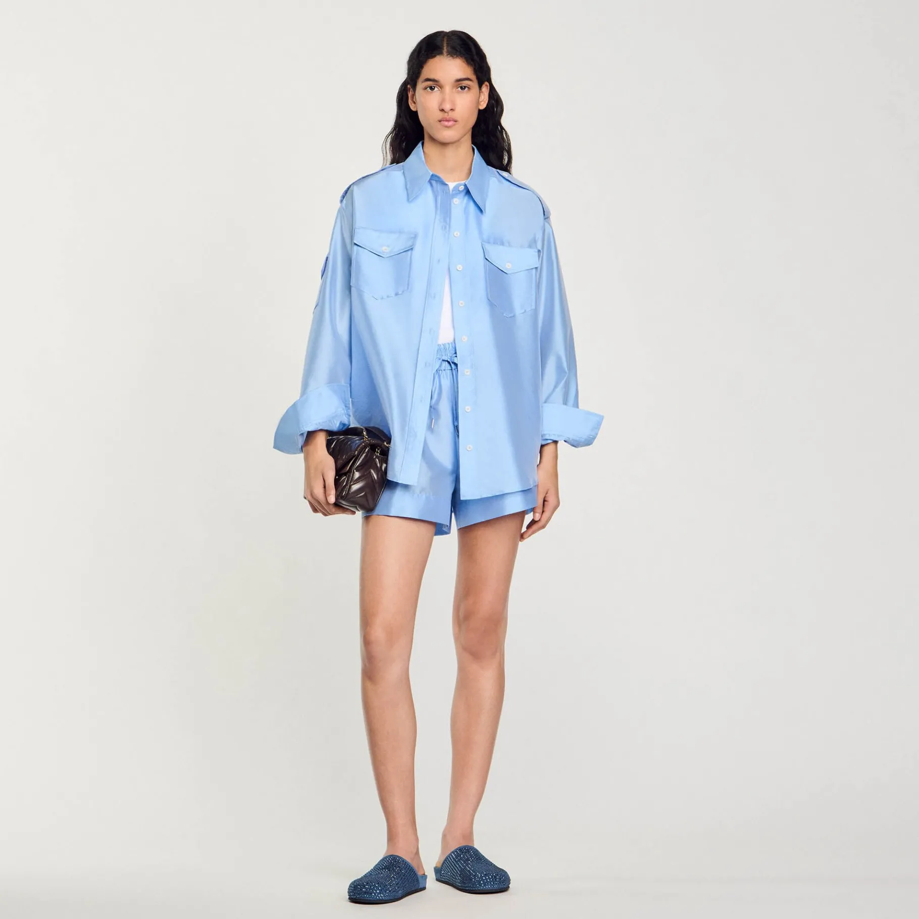 Store SANDRO Chemise Large Satinée Bleu Ciel