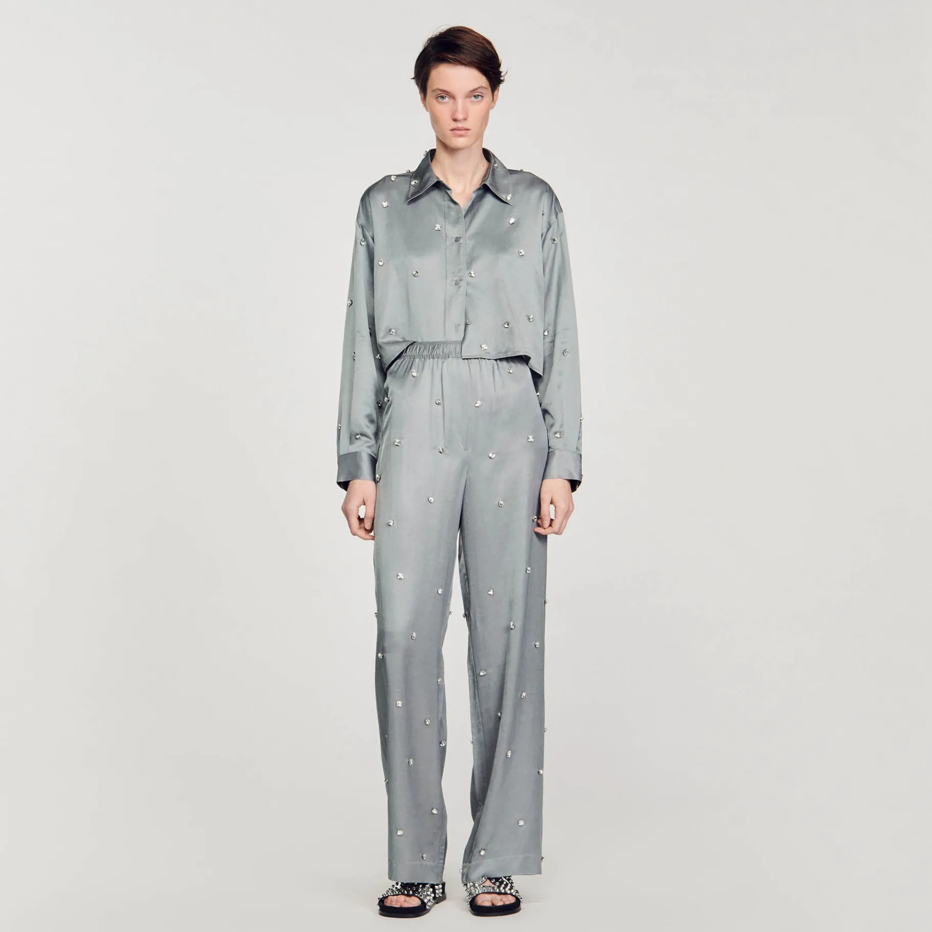 Clearance SANDRO Chemise Satinée Ornée De Strass Gris