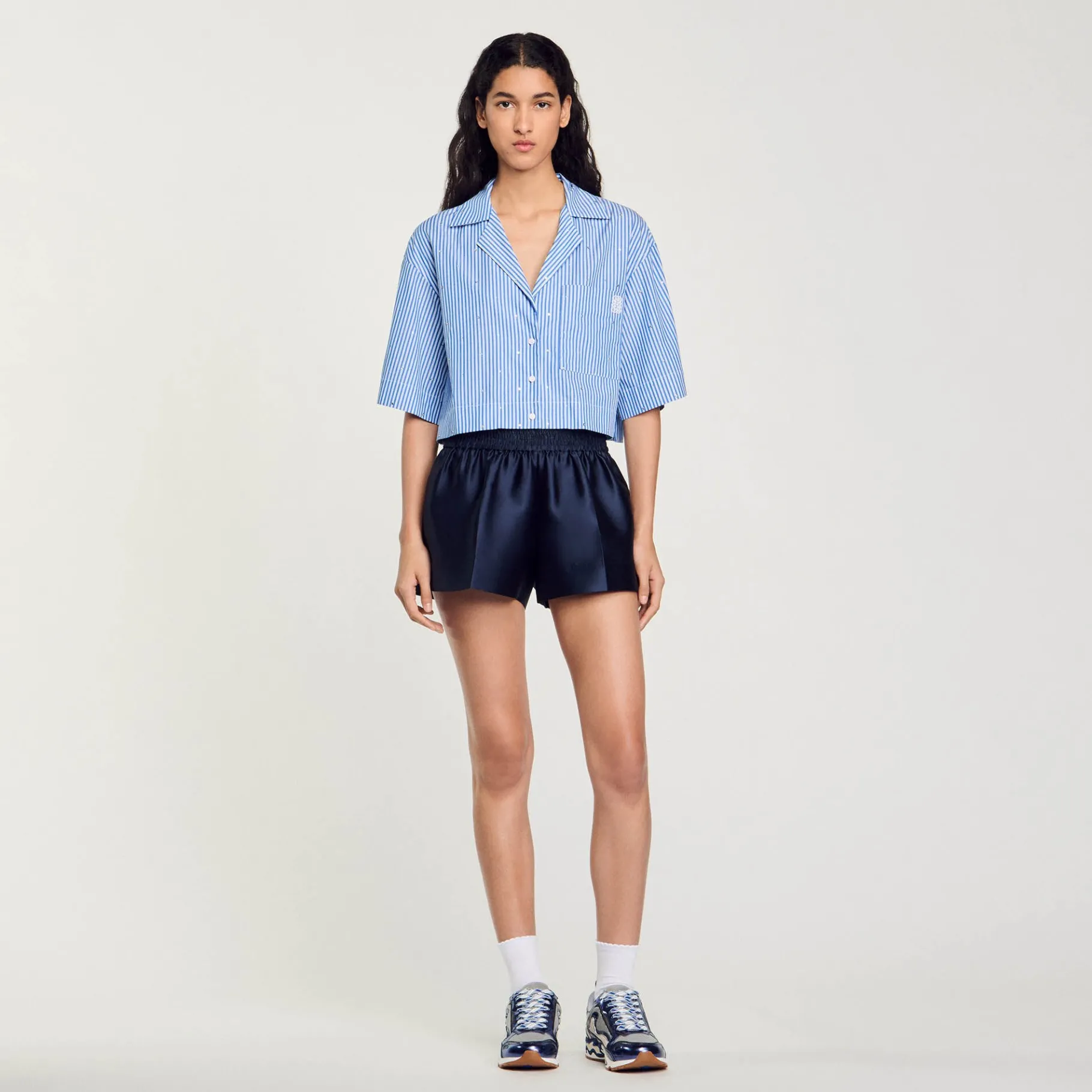 Discount SANDRO Chemise Strassée à Manches Courtes Bleu