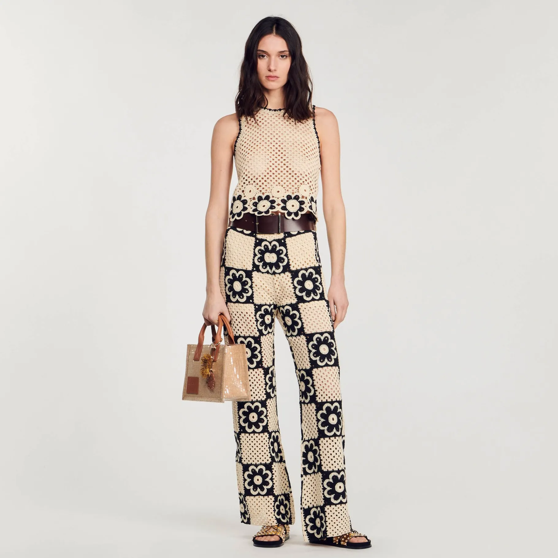 Store SANDRO Débardeur En Maille Crochet Beige / Noir