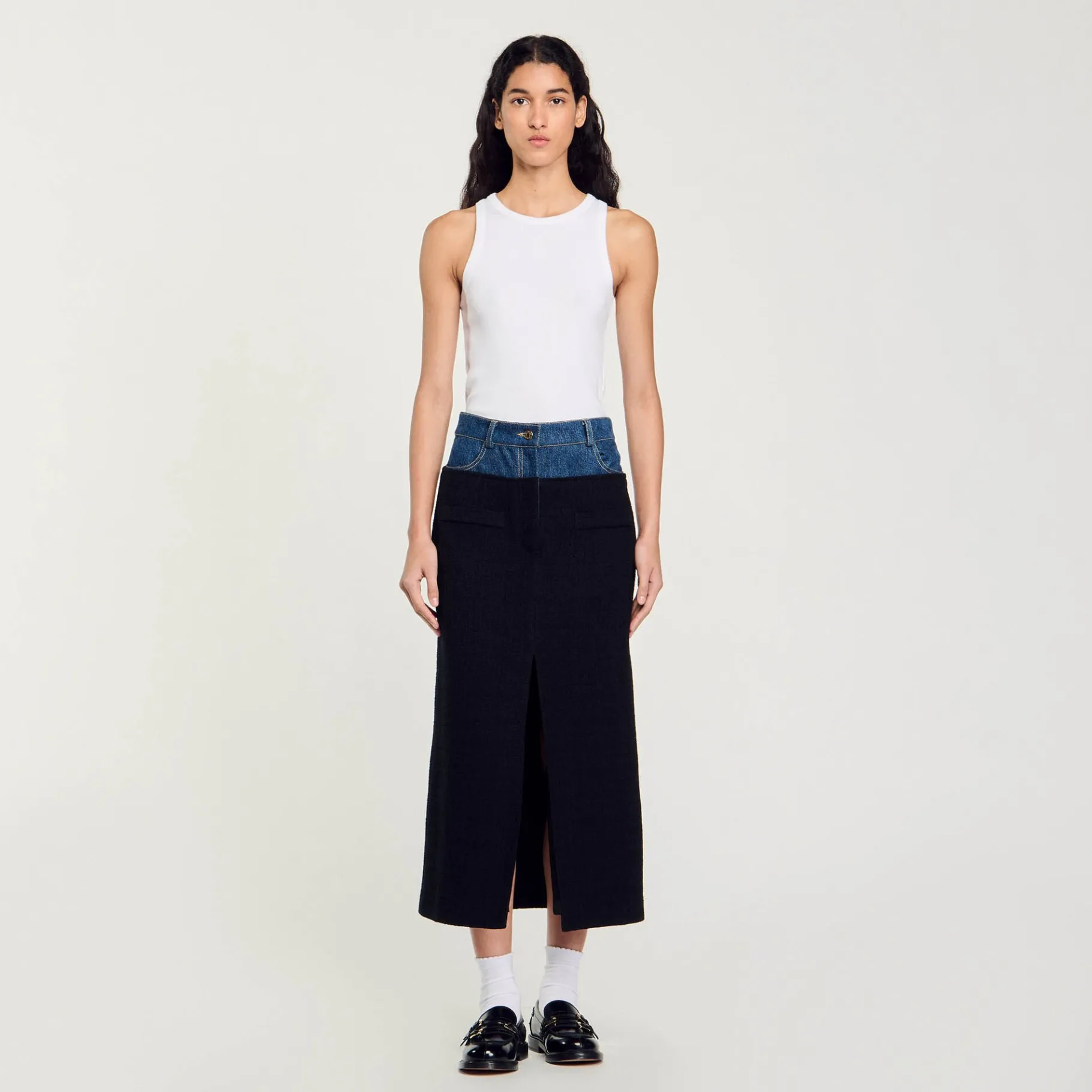 Online SANDRO Jupe Bimatière Denim Et Tweed Noir
