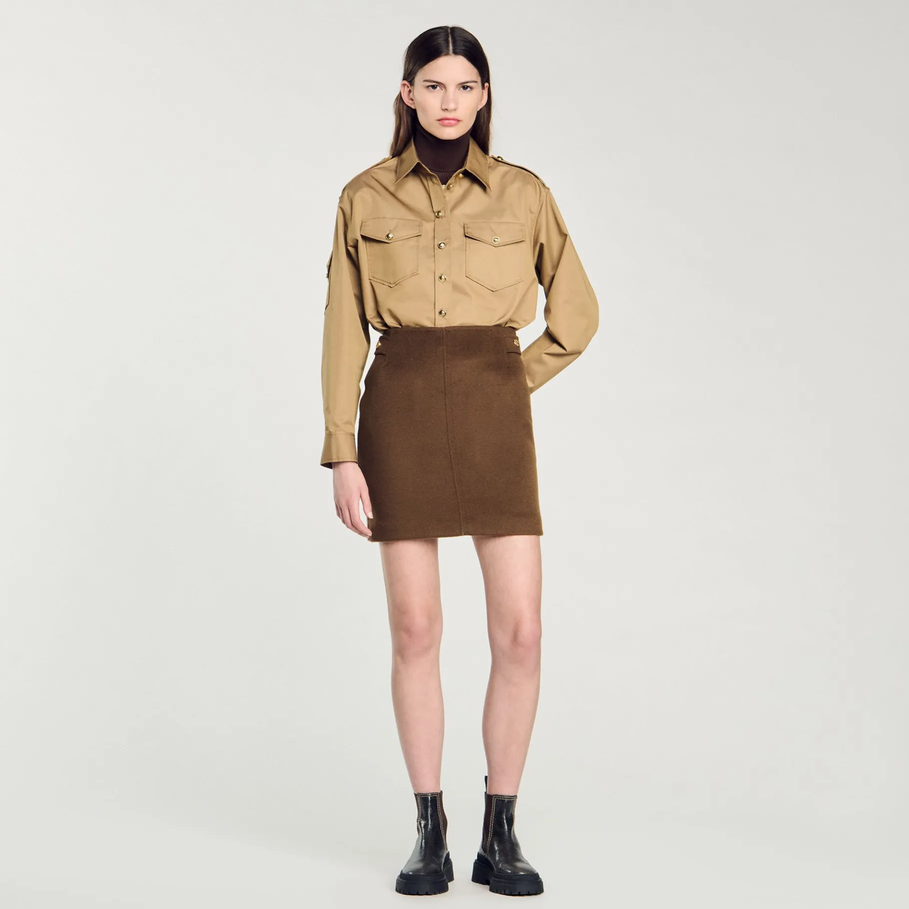 Online SANDRO Jupe Courte En Laine Double Face Kaki