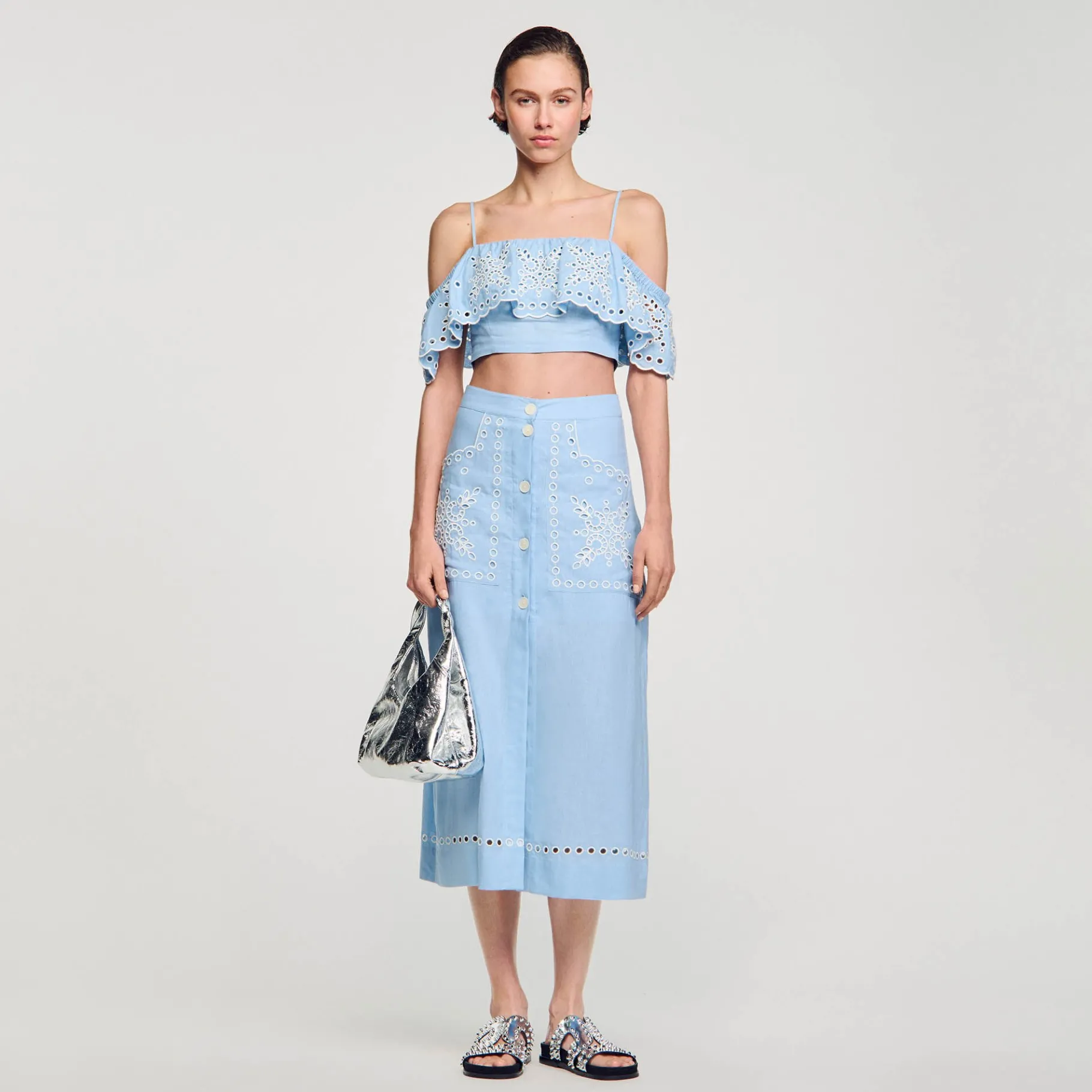 Cheap SANDRO Jupe Longue Brodée Bleu Ciel