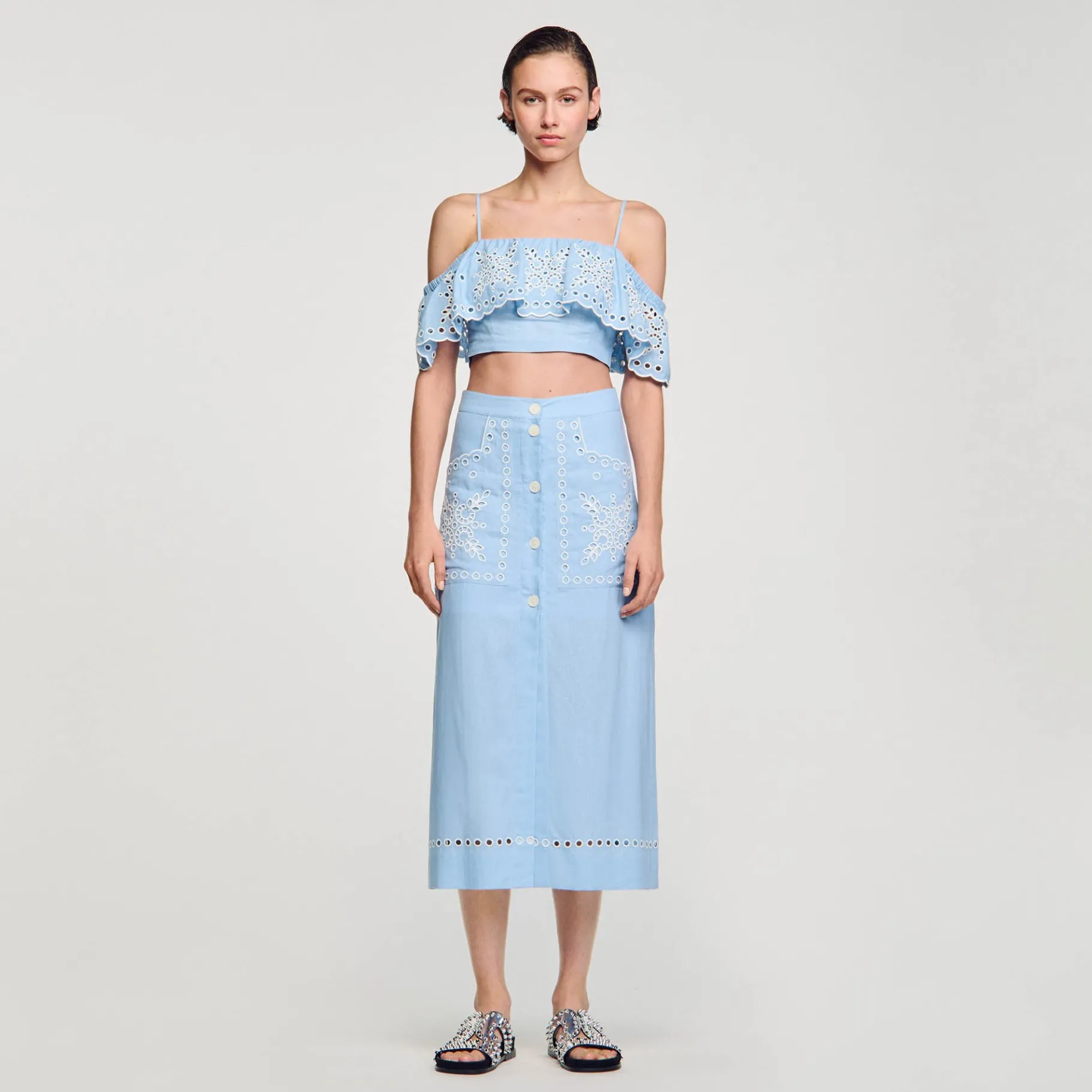Cheap SANDRO Jupe Longue Brodée Bleu Ciel