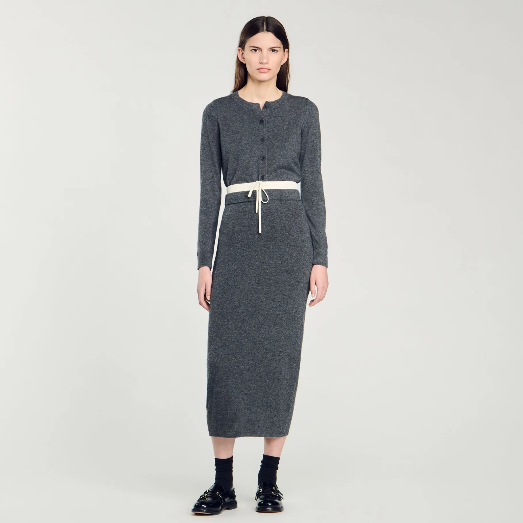 Shop SANDRO Jupe Longue Double Ceinture Gris Foncé