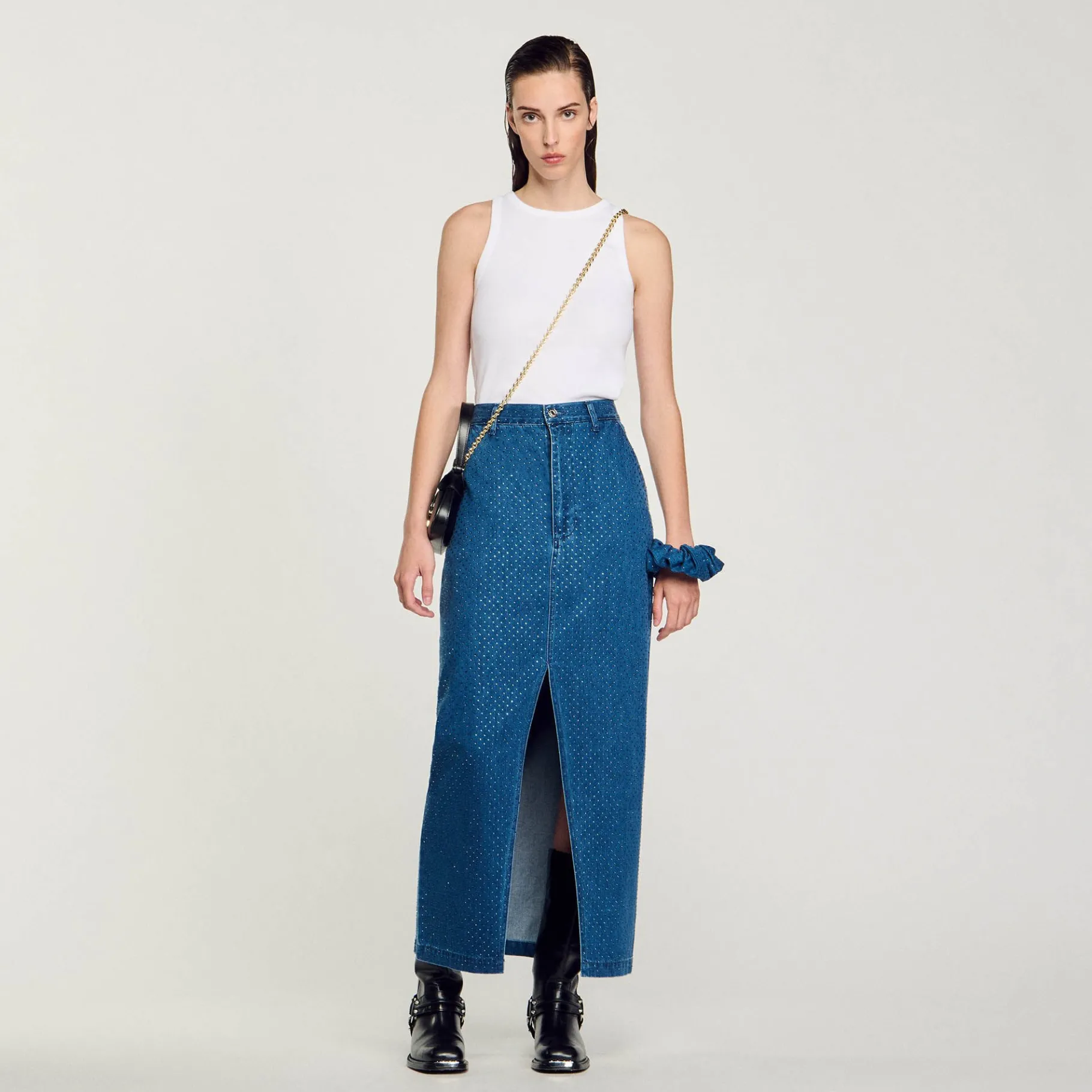 Discount SANDRO Jupe Longue En Jean Strassé Bleu jean