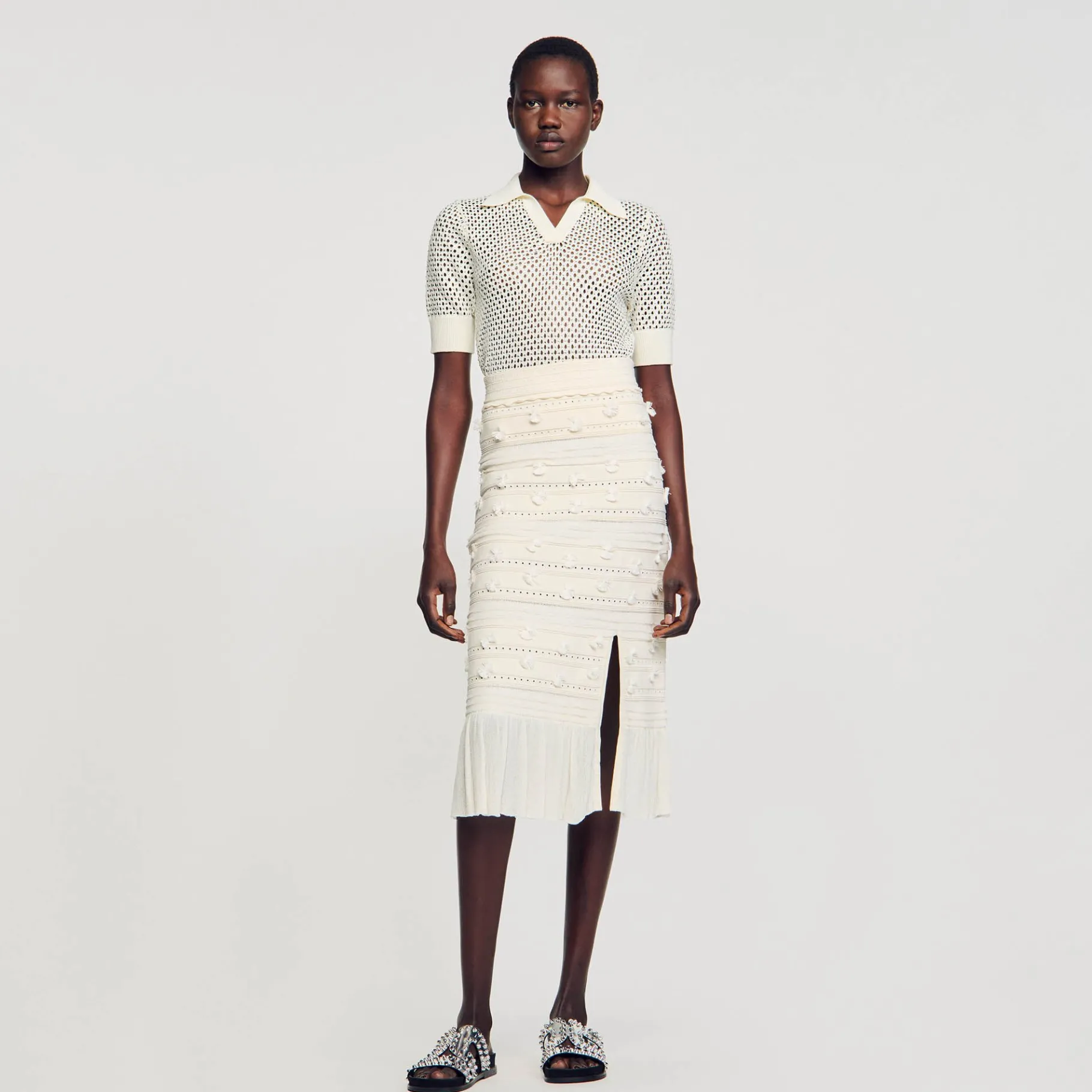 Best Sale SANDRO Jupe Midi En Maille Ajourée Ecru