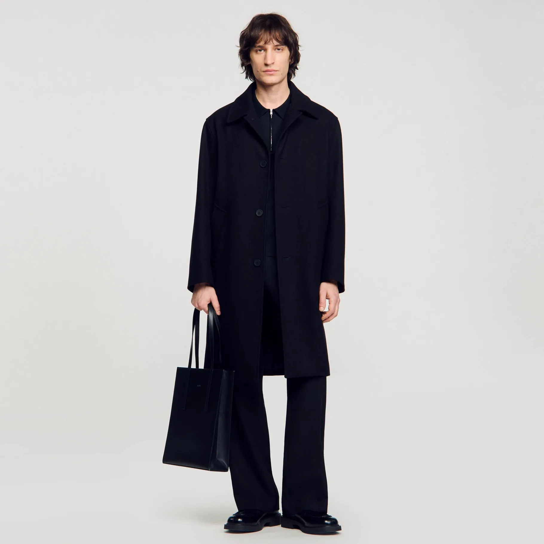 New SANDRO Manteau En Drap De Laine Noir