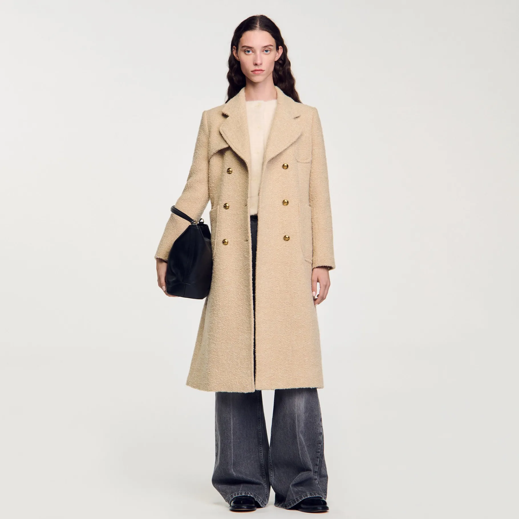 Store SANDRO Manteau Long à Boutonnage Croisé Beige