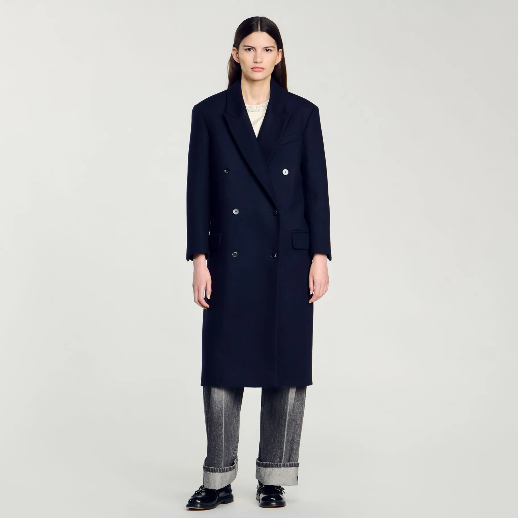 Flash Sale SANDRO Manteau Long En Laine Mélangée Marine