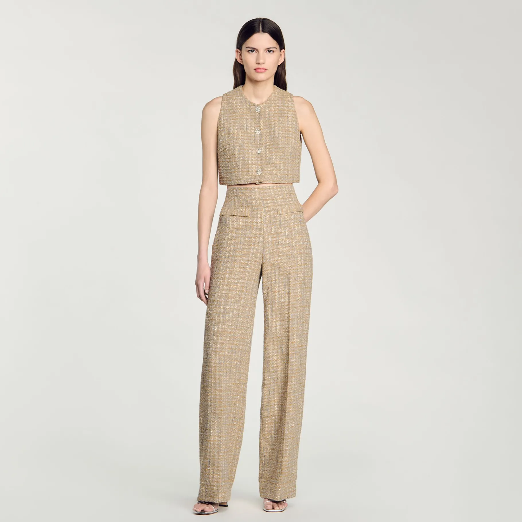 Fashion SANDRO Pantalon Droit En Tweed Camel