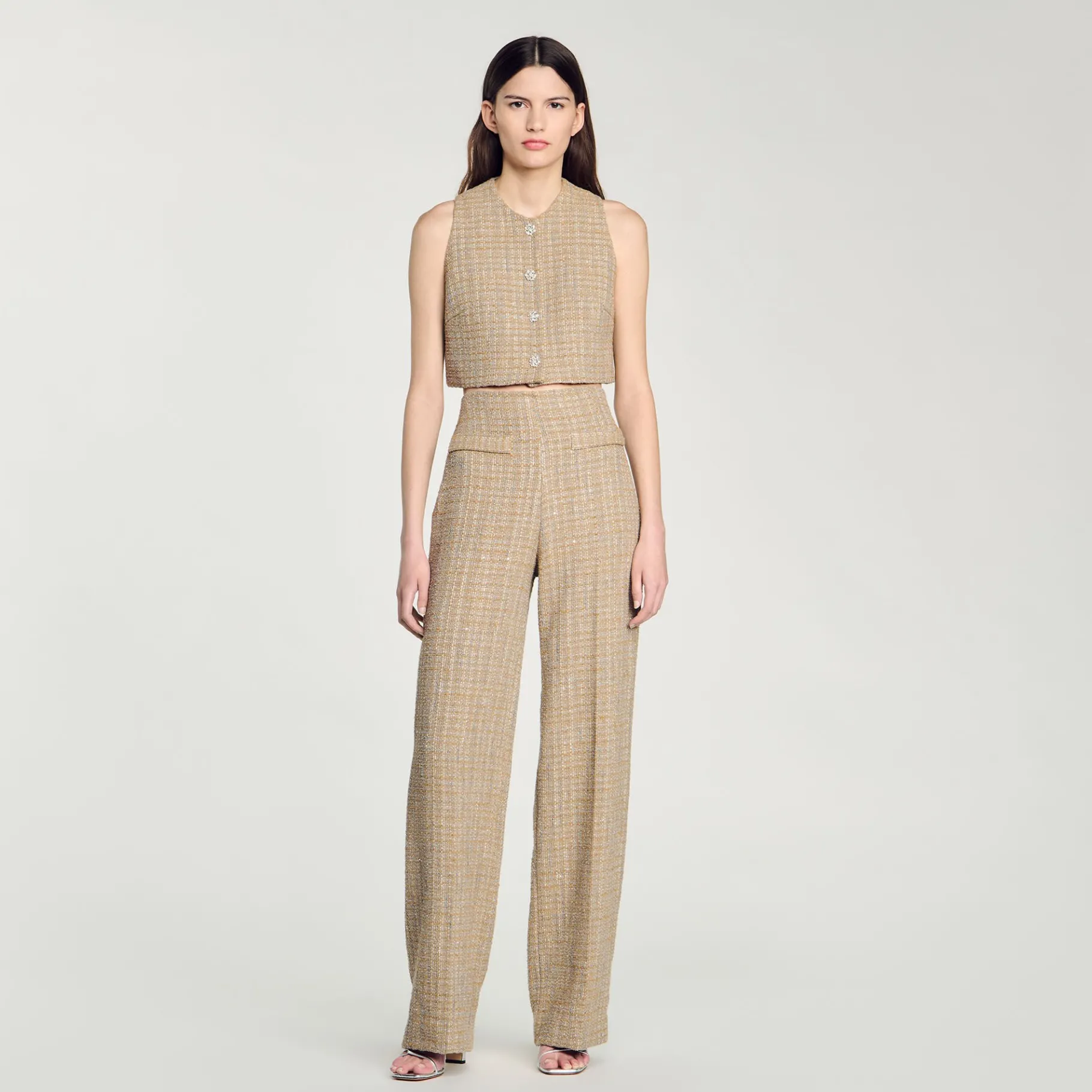 Fashion SANDRO Pantalon Droit En Tweed Camel