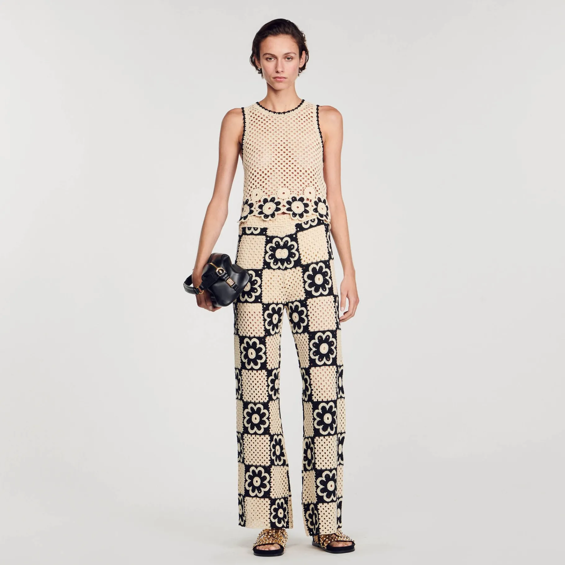 Discount SANDRO Pantalon En Maille Crochet Beige / Noir