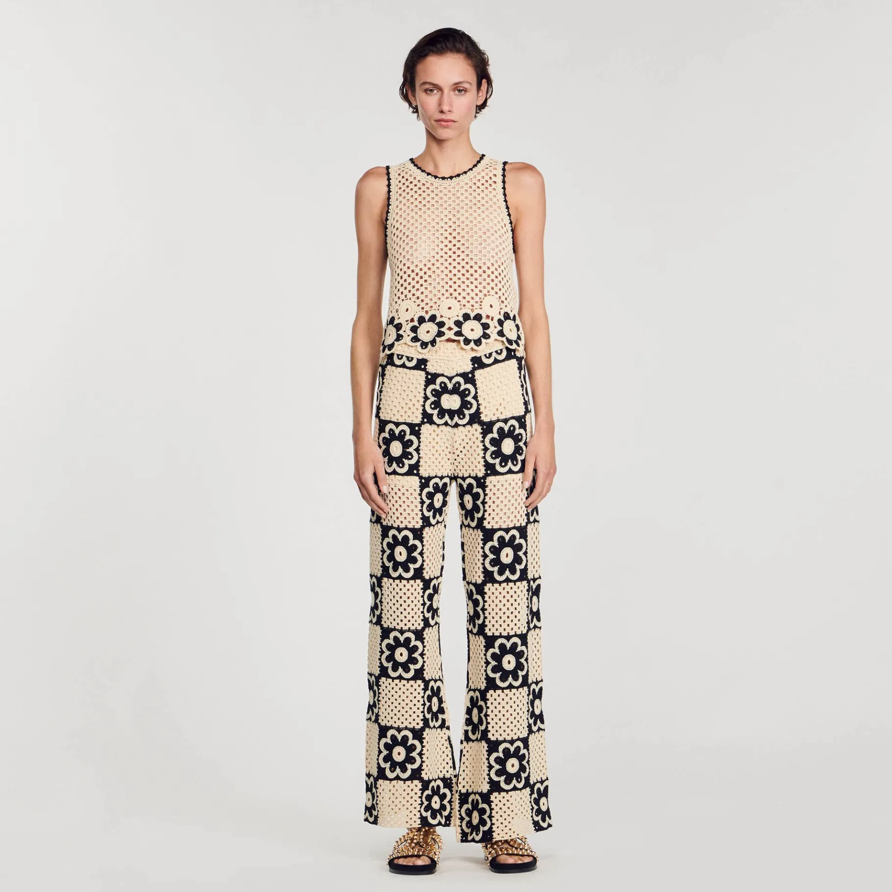 Discount SANDRO Pantalon En Maille Crochet Beige / Noir