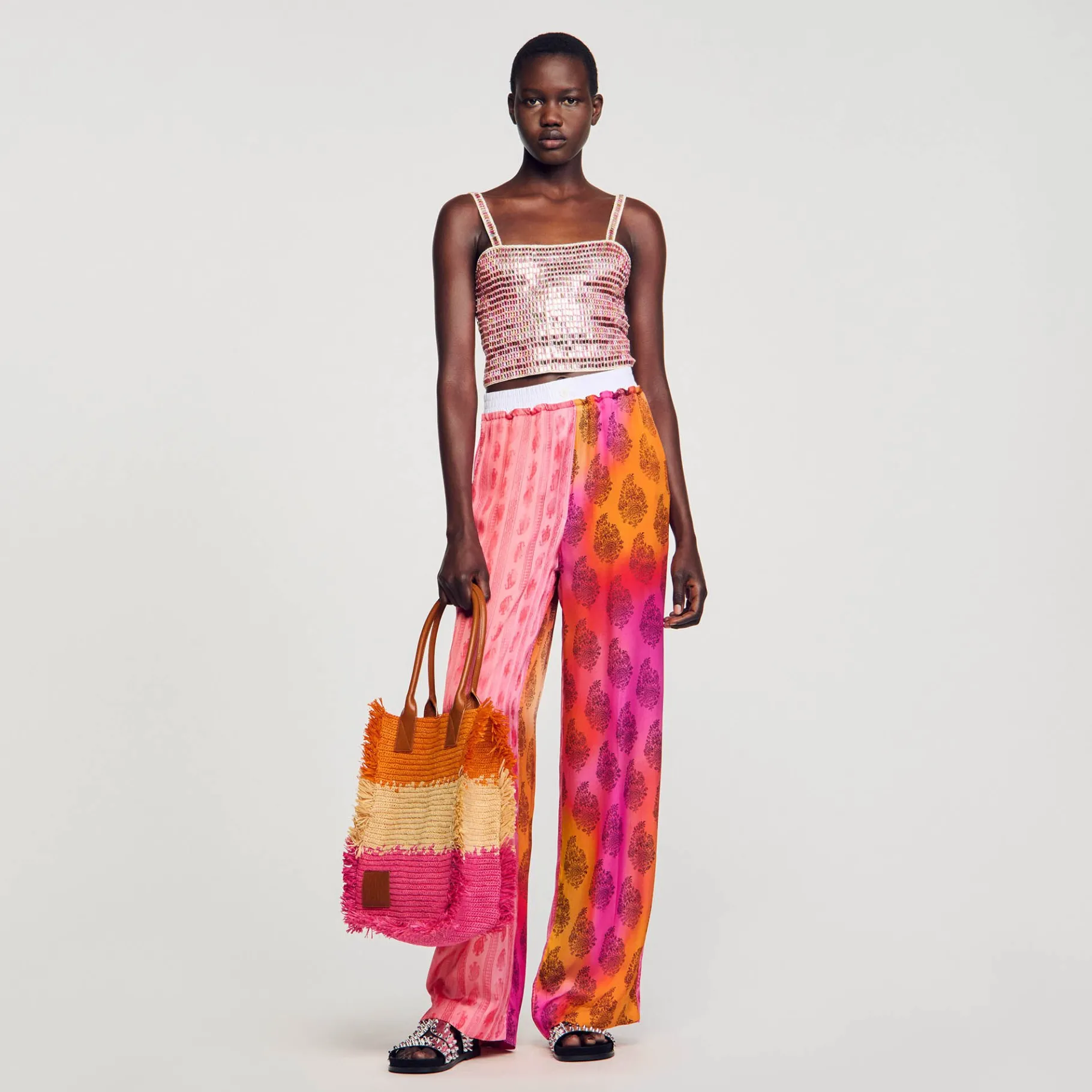 Outlet SANDRO Pantalon Fluide Imprimé Rose / Orange