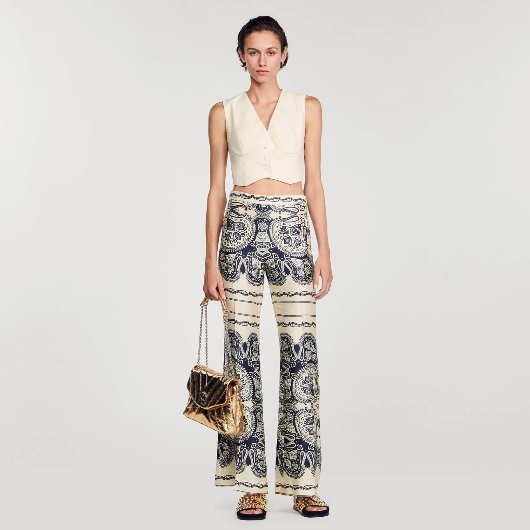 Best Sale SANDRO Pantalon Fluide Imprimé Beige / Marine