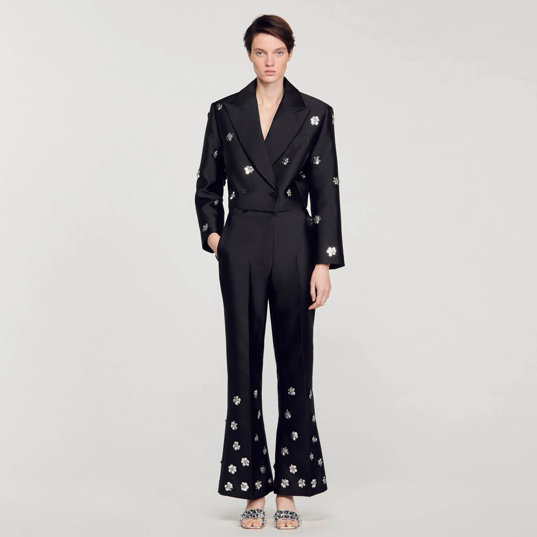 Online SANDRO Pantalon Satiné Orné De Sequins Noir