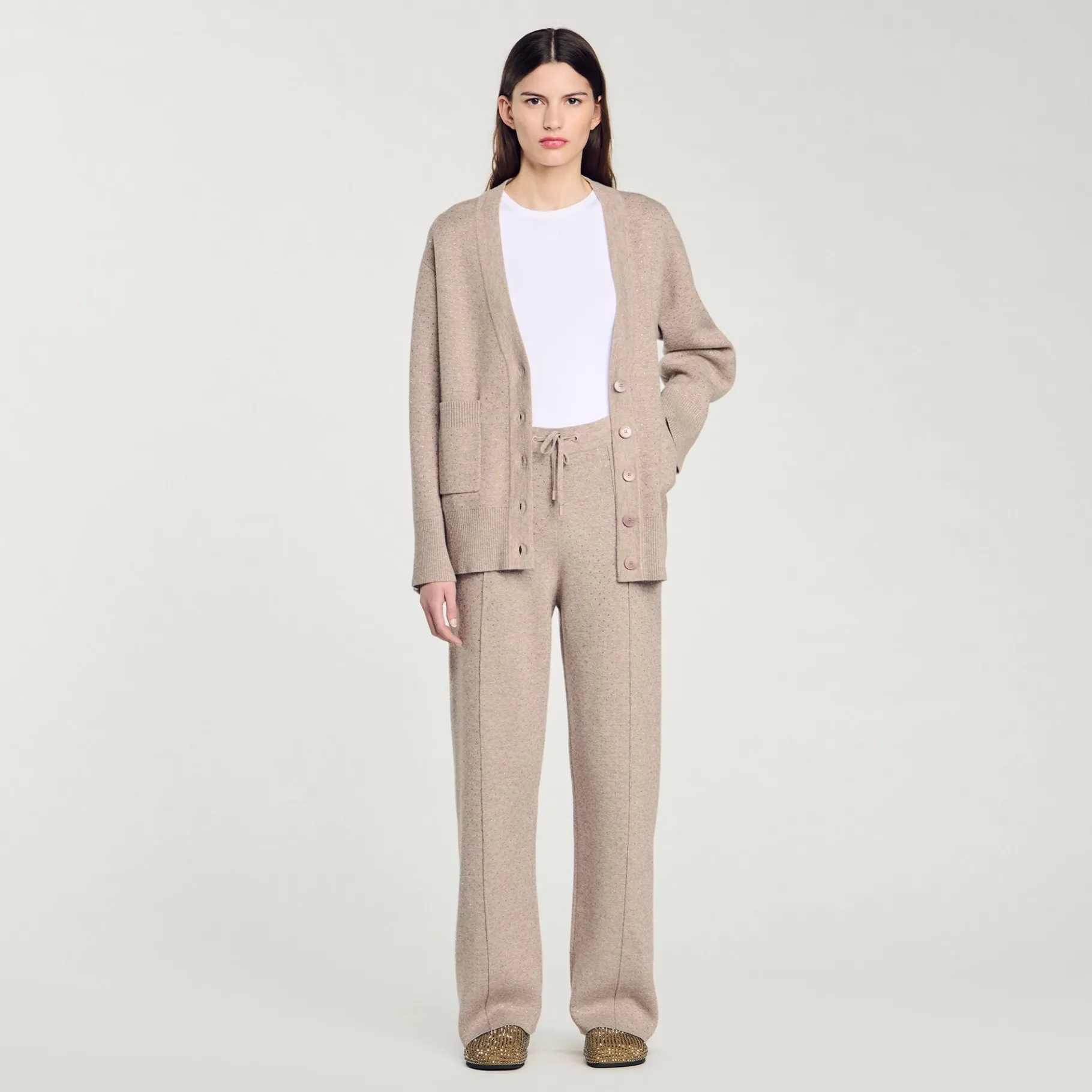 Store SANDRO Pantalon Strassé En Maille Beige