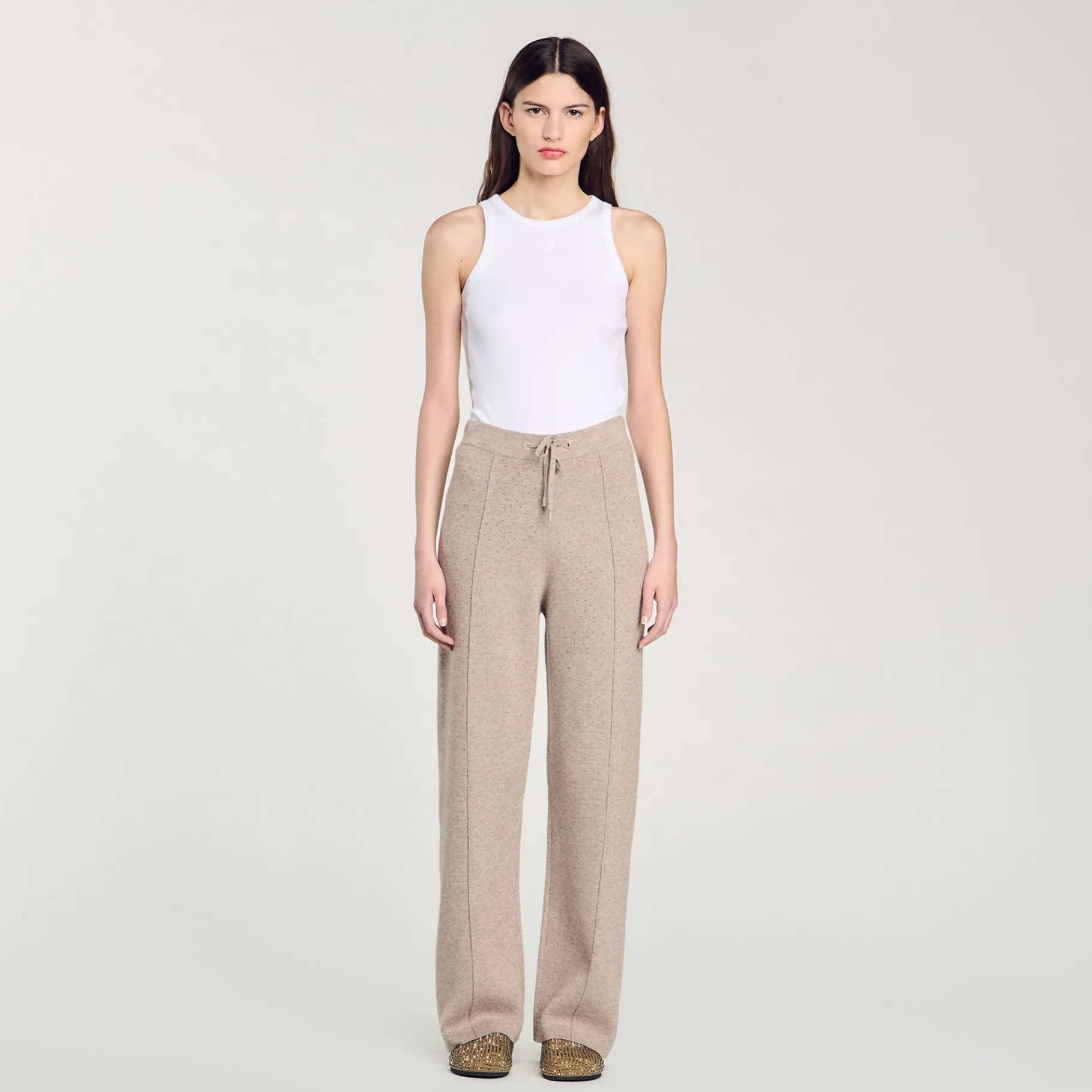 Store SANDRO Pantalon Strassé En Maille Beige