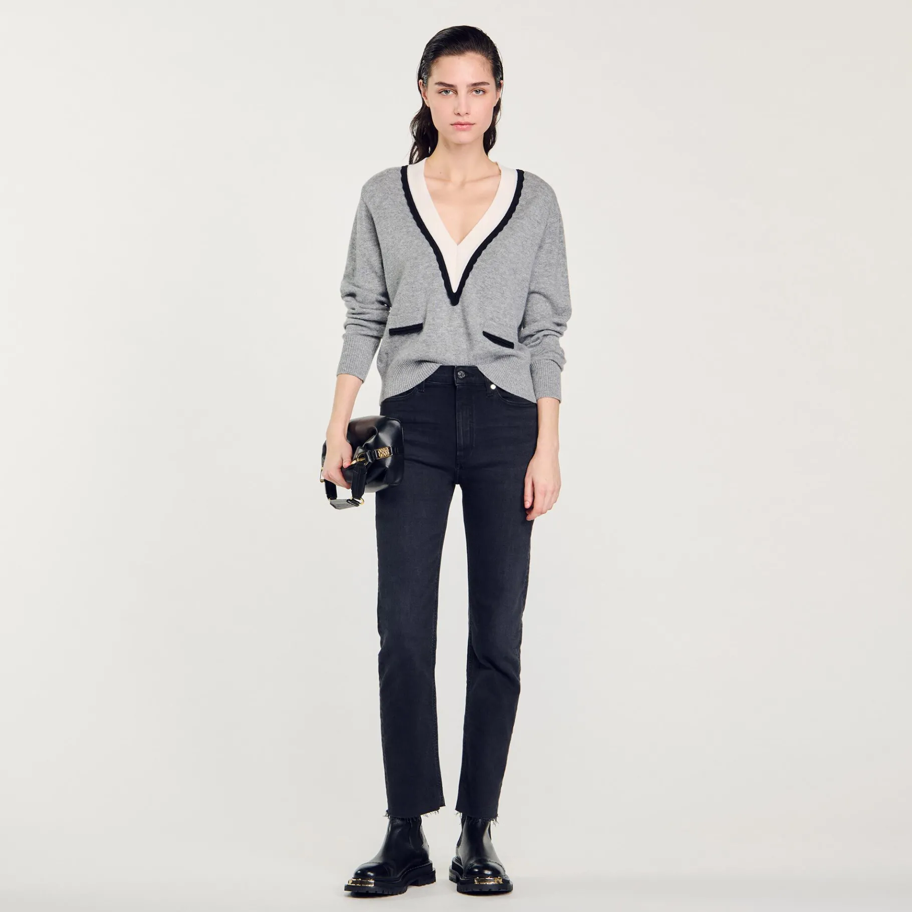 Online SANDRO Pull à Col V Profond Contrasté gris chiné