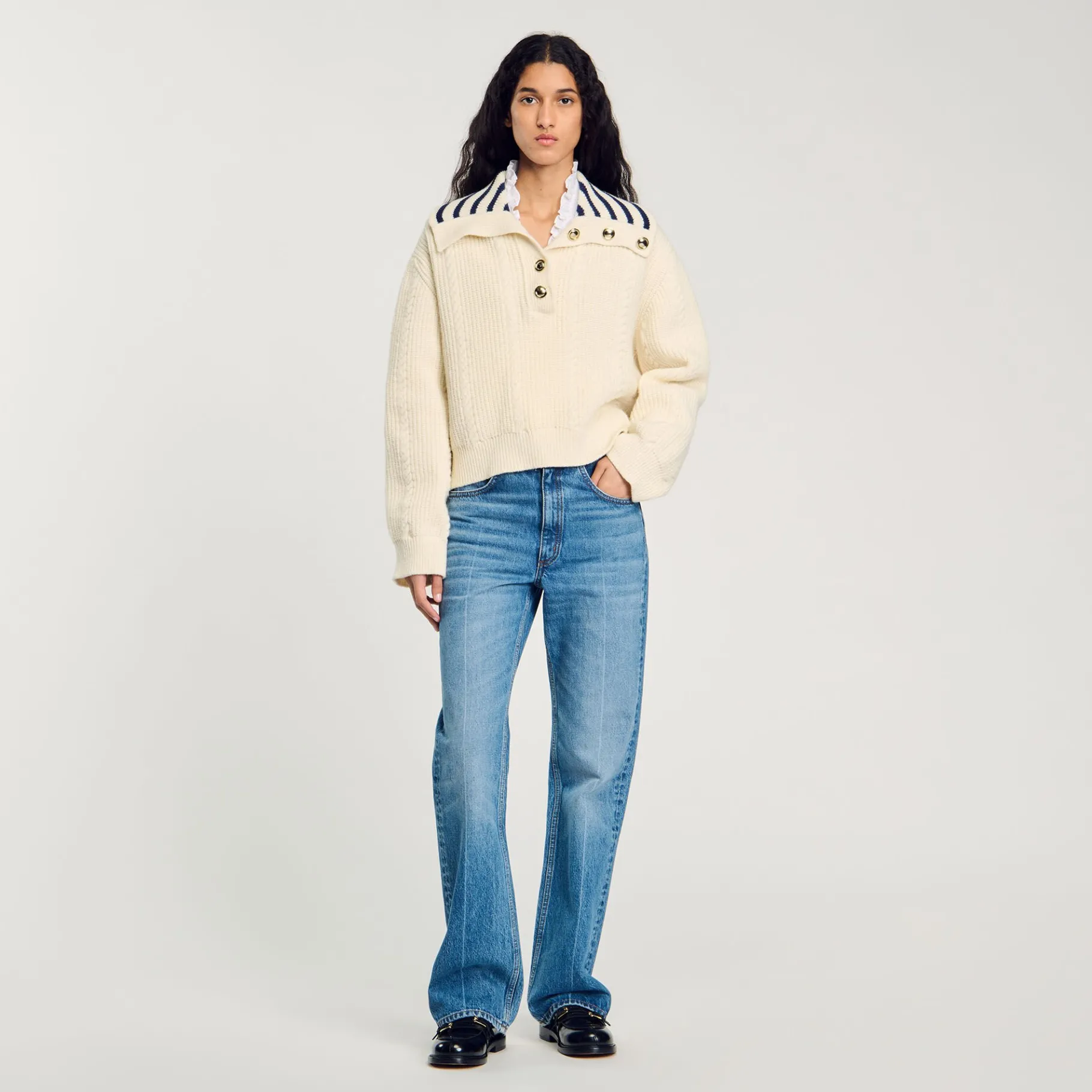 Clearance SANDRO Pull à Col Vareuse Rayé Ecru