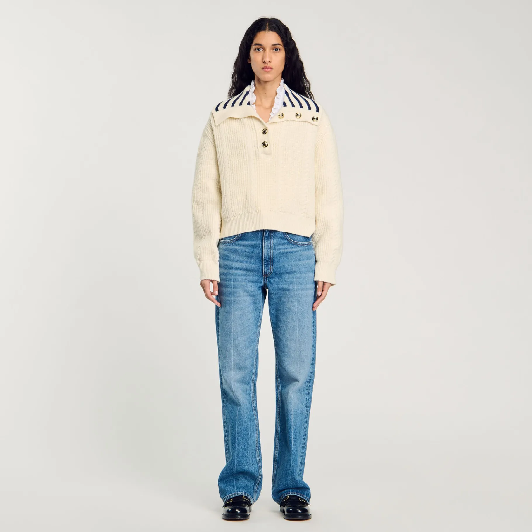 Clearance SANDRO Pull à Col Vareuse Rayé Ecru