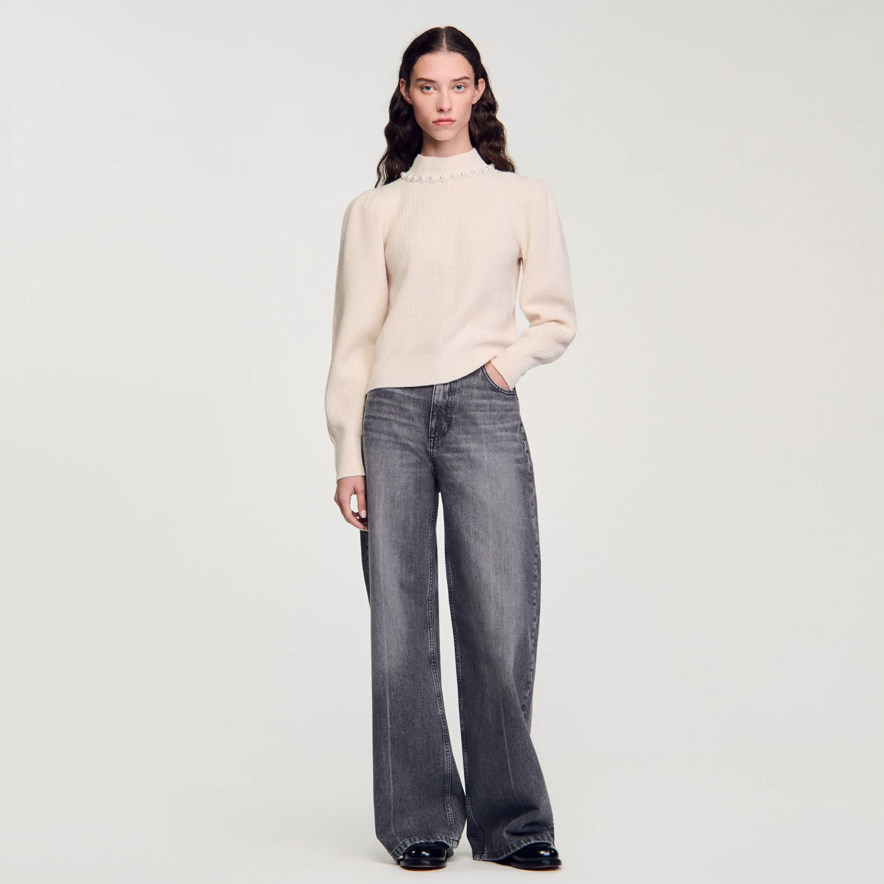 Shop SANDRO Pull à Côtes En Laine Et Cachemire Ecru