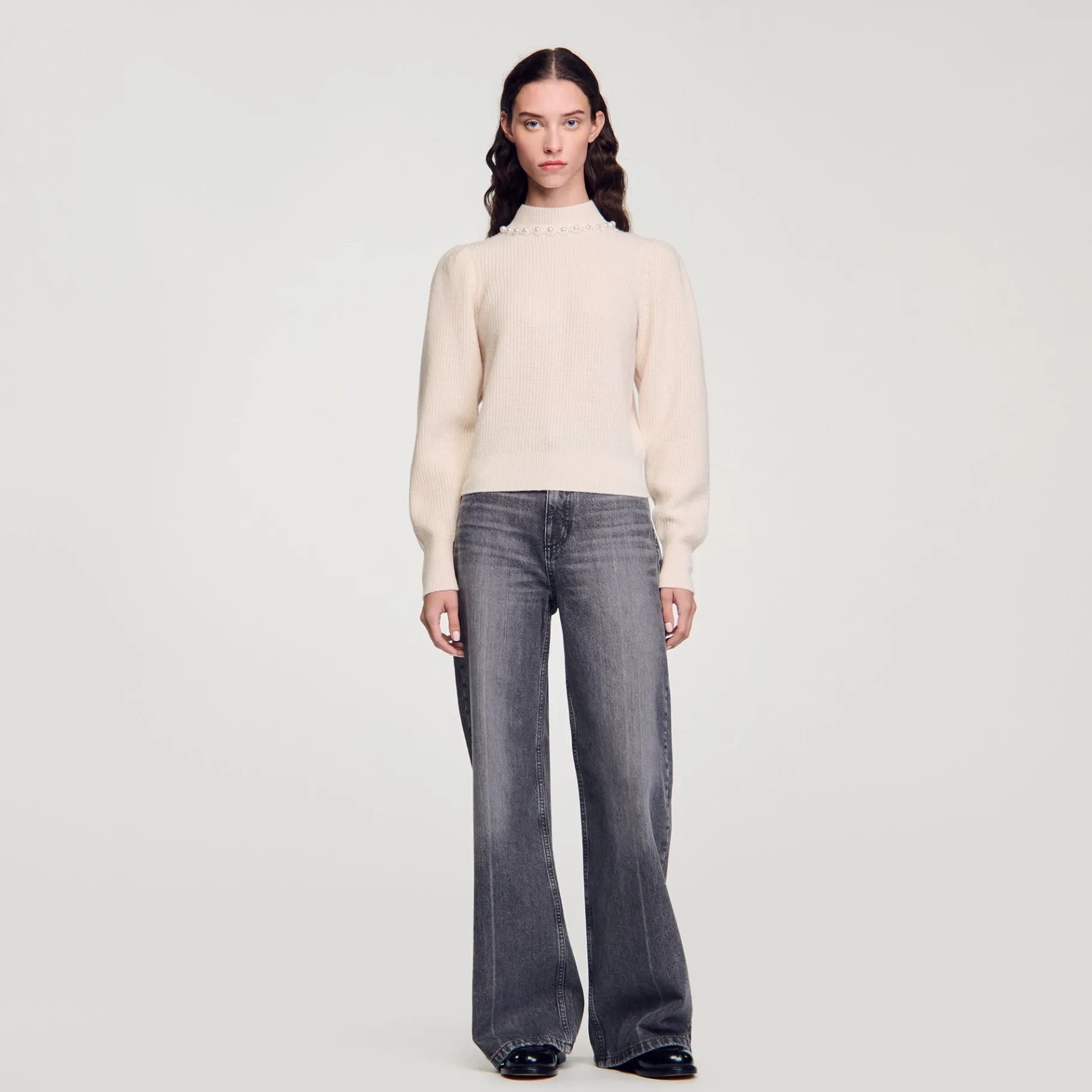 Shop SANDRO Pull à Côtes En Laine Et Cachemire Ecru