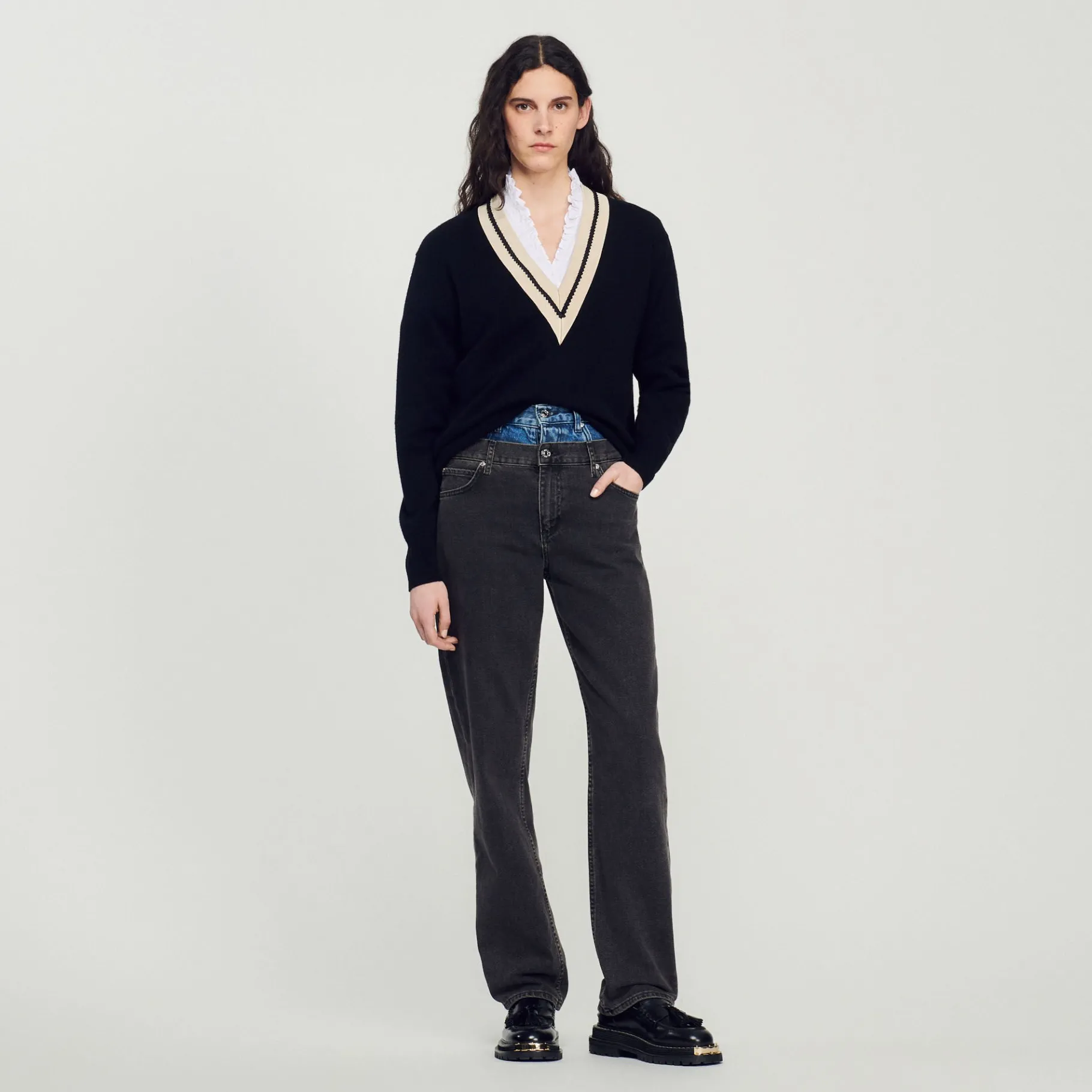 Sale SANDRO Pull Au Col V Contrasté Noir