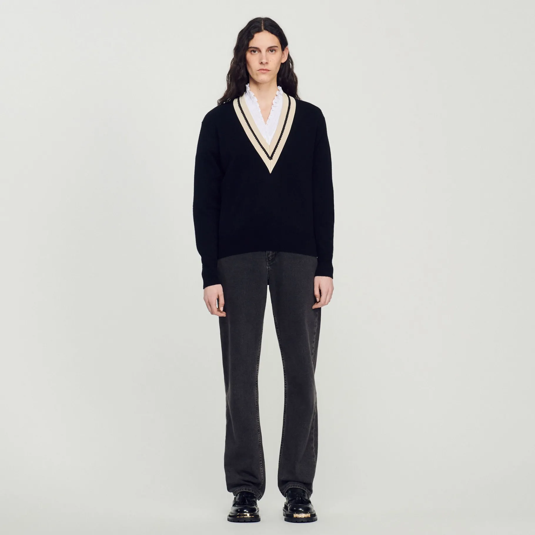 Sale SANDRO Pull Au Col V Contrasté Noir