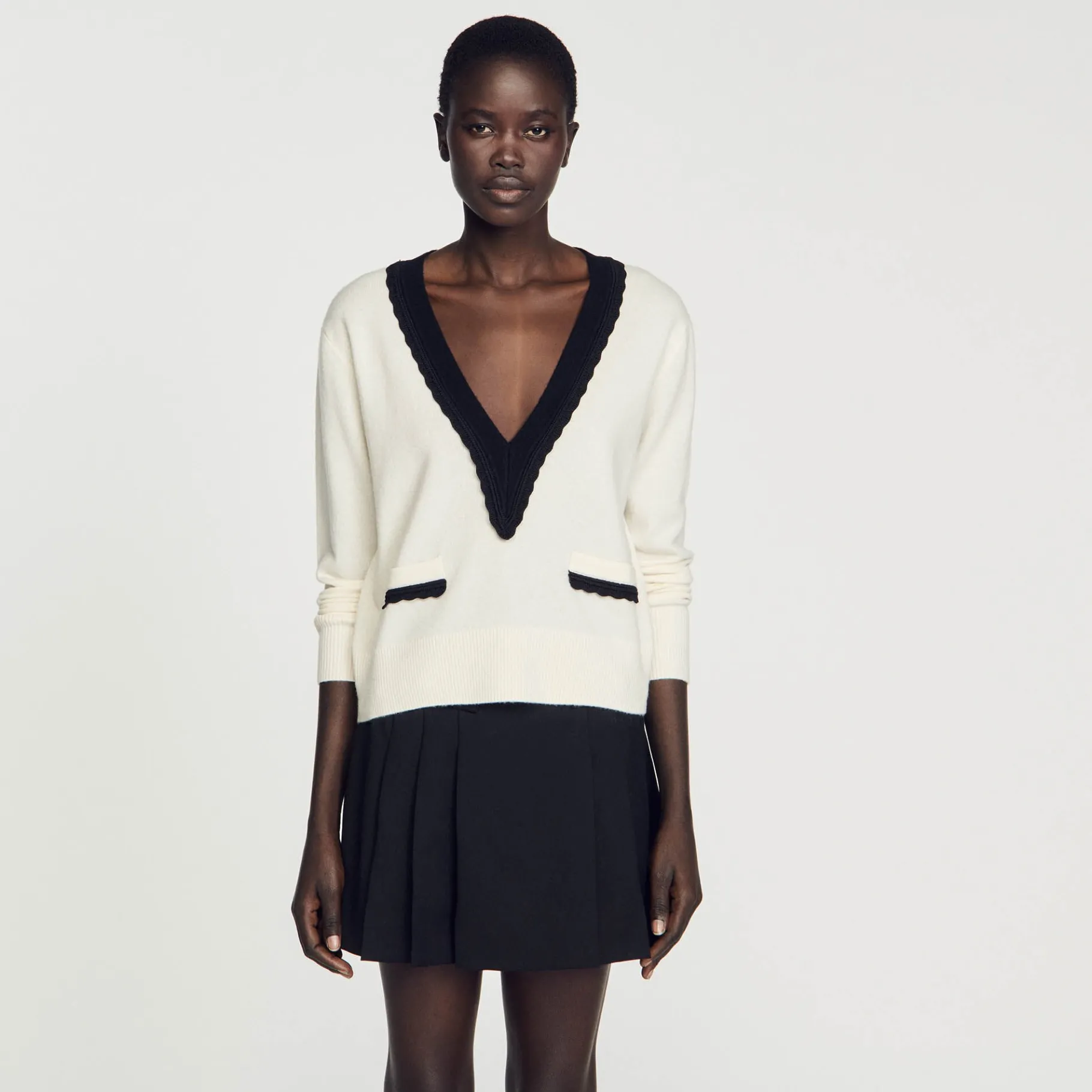 Hot SANDRO Pull Col V Bicolore En Laine Ecru