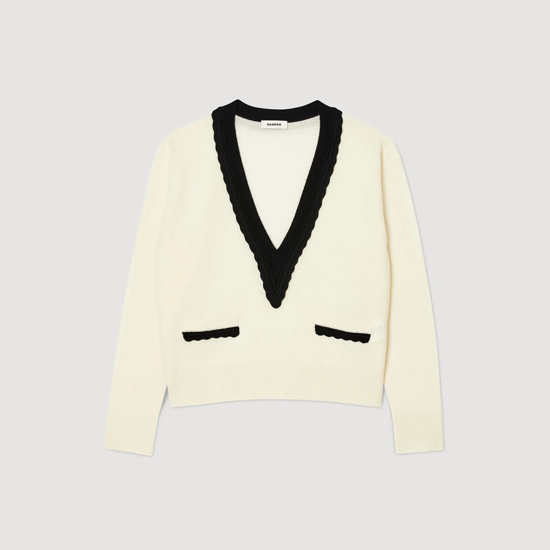 Hot SANDRO Pull Col V Bicolore En Laine Ecru