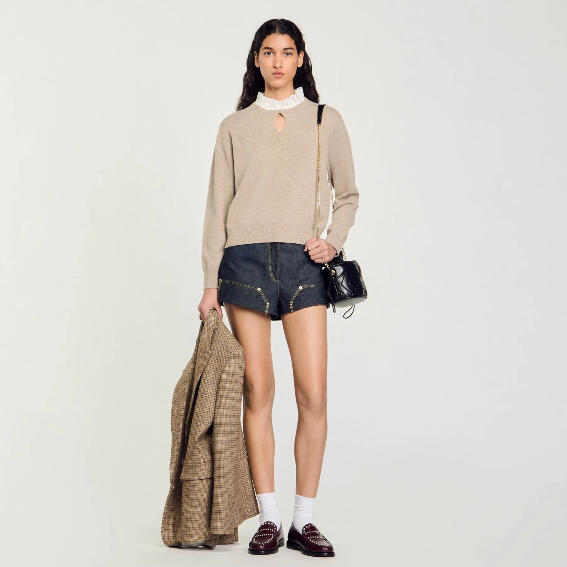 Store SANDRO Pull En Laine Et Cachemire à Volant Beige