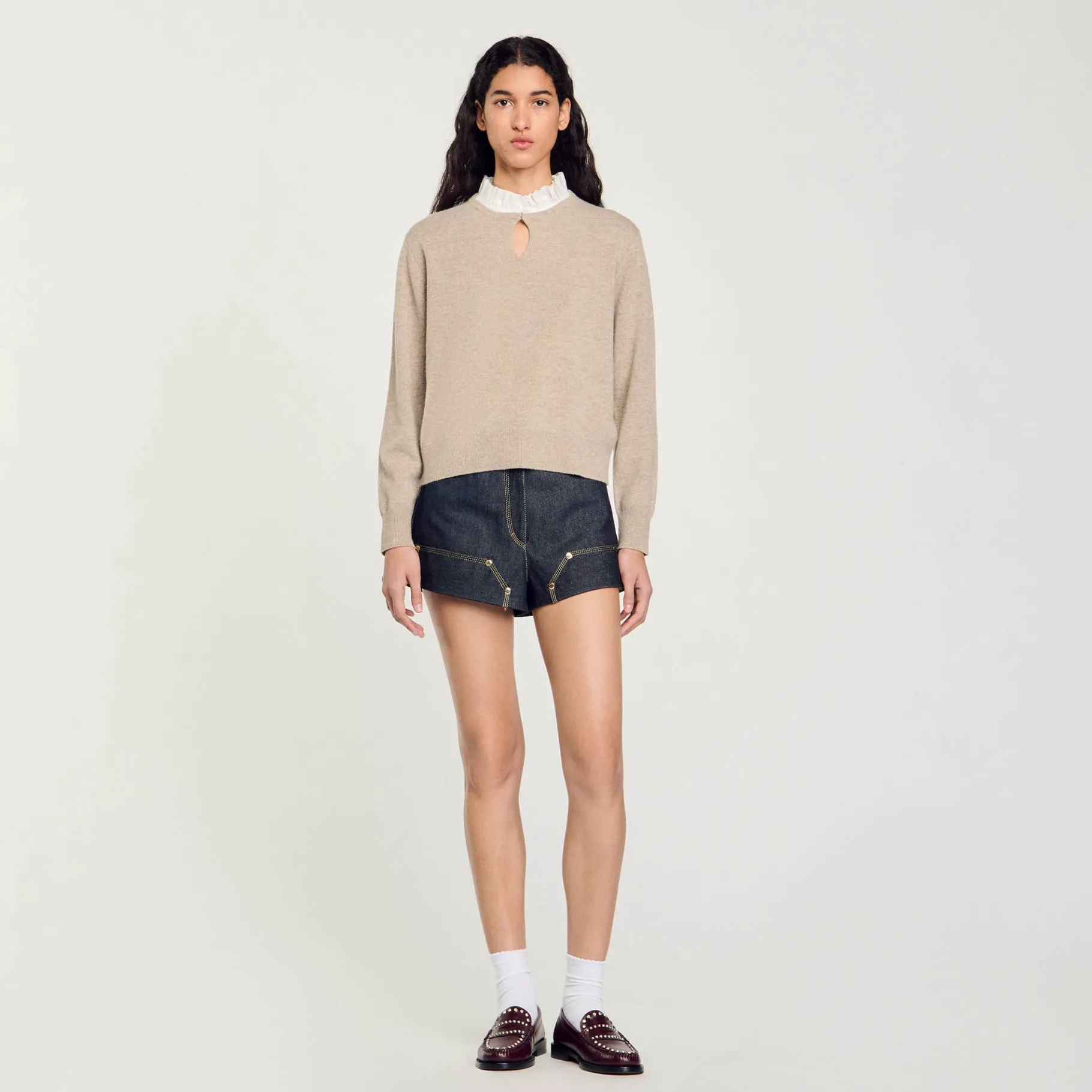Store SANDRO Pull En Laine Et Cachemire à Volant Beige