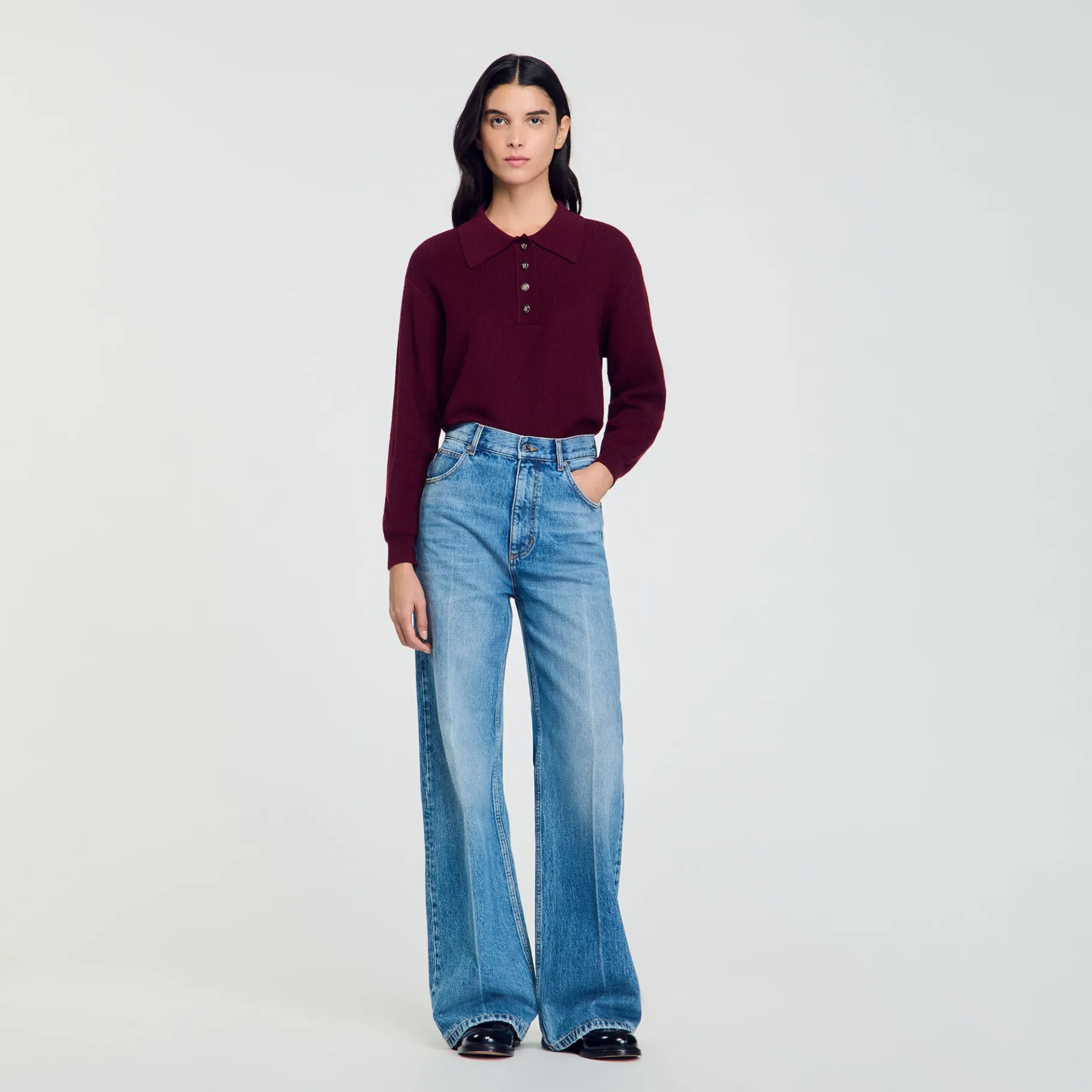 Best SANDRO Pull Torsadé à Col Polo Bordeaux