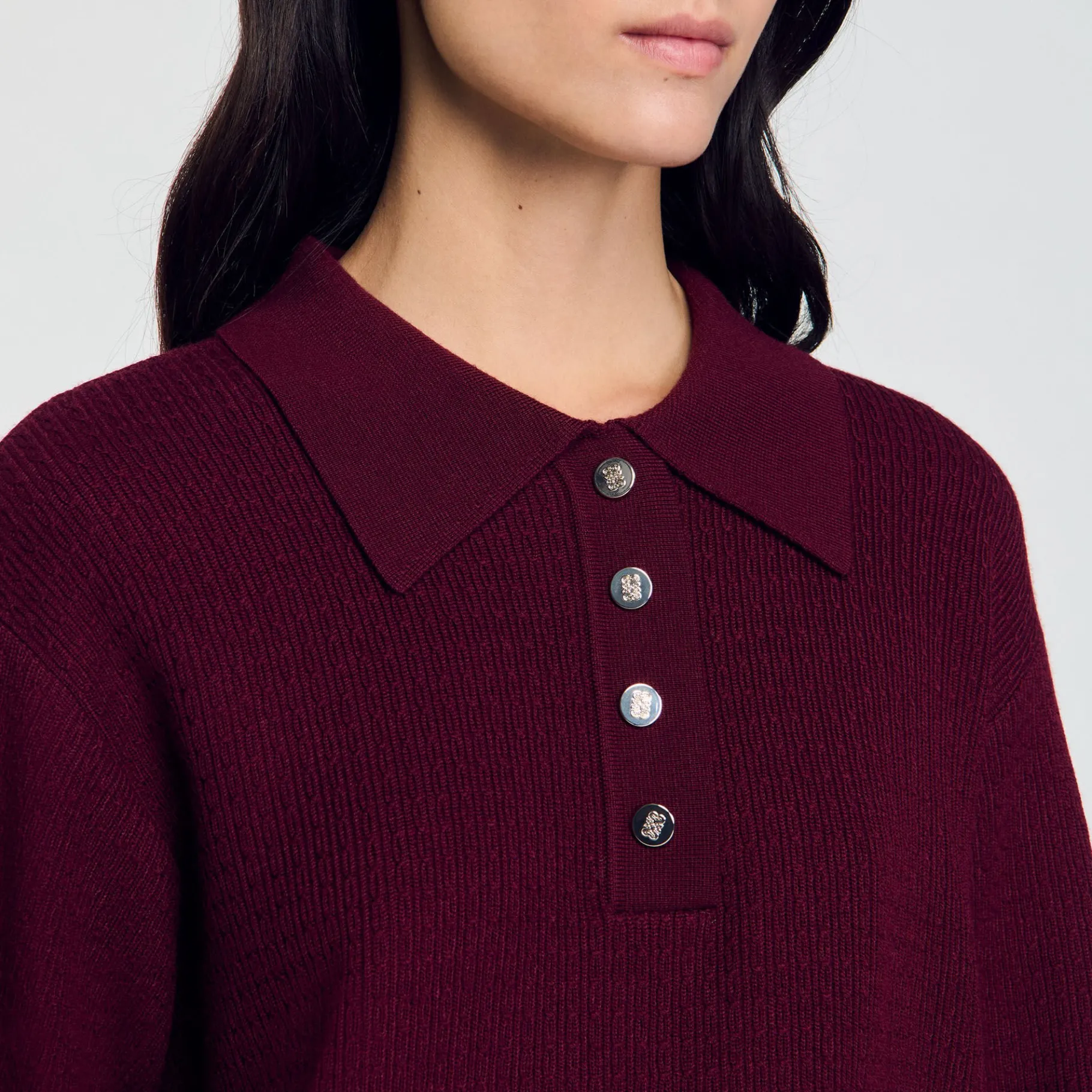 Best SANDRO Pull Torsadé à Col Polo Bordeaux